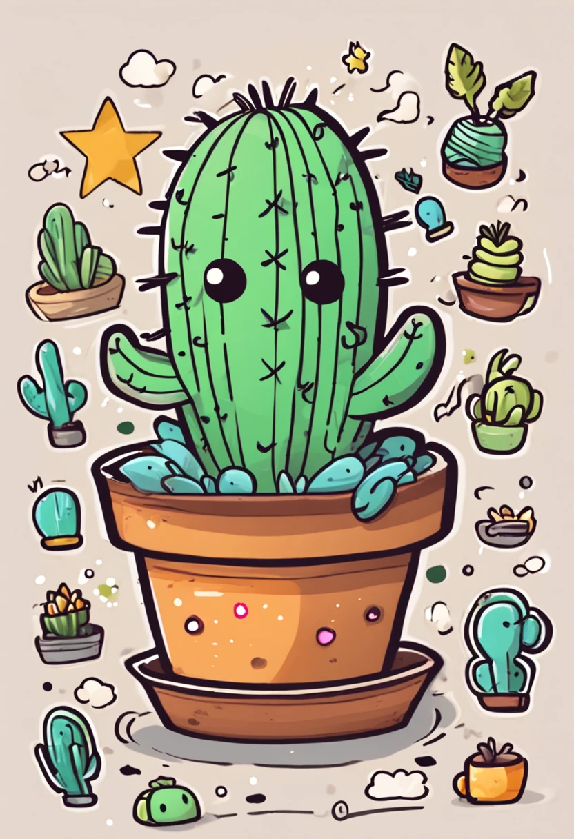sticker kawaii, Un cactus en su maceta, Dibujo simple, fondo blanco, Sticker drawing for children from 3 to 6 ,