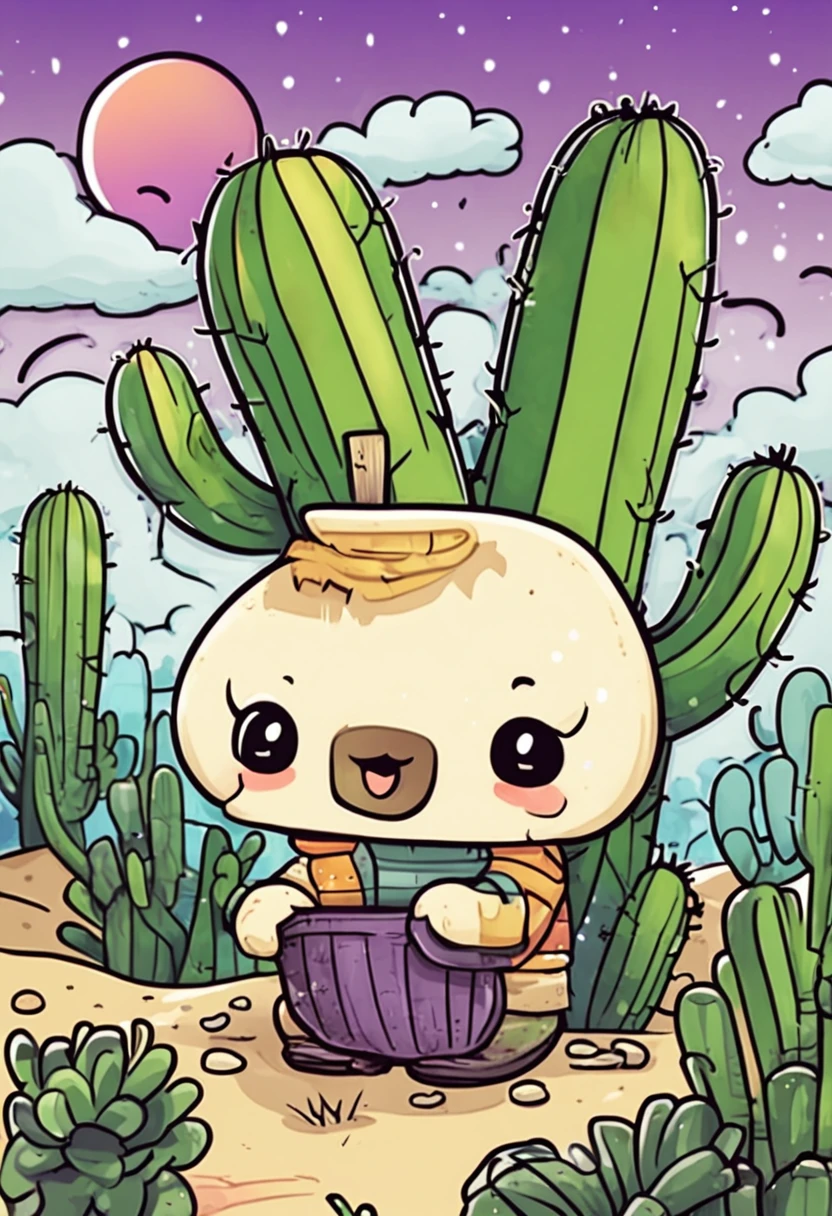 sticker kawaii, Un cactus en su maceta, Dibujo simple, fondo blanco, Sticker drawing for children from 3 to 6 years old,