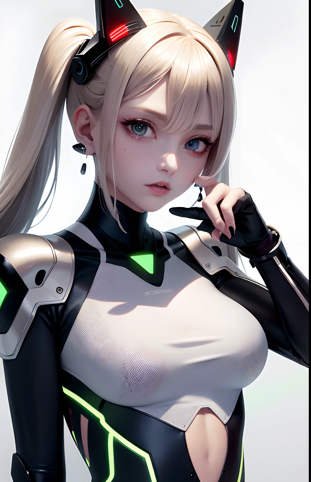 Uma jovem confiante, avec des cheveux brun olive et des yeux vert vif, senta-se em uma cadeira de estilo futurista, with a black and white cybernetic suit that glows with interchangeable lights on his chest and arms. The suit is decorated with metal plates and flexible tubes that glow with a bluish light., give the impression that you are connected to advanced artificial intelligence. The woman has a determined expression on her face, on an MOT installation, as if he were piloting an advanced spacecraft. The background of the image is a dark starry sky, with floating clouds and interchangeable lights that glow in cyberpunk style