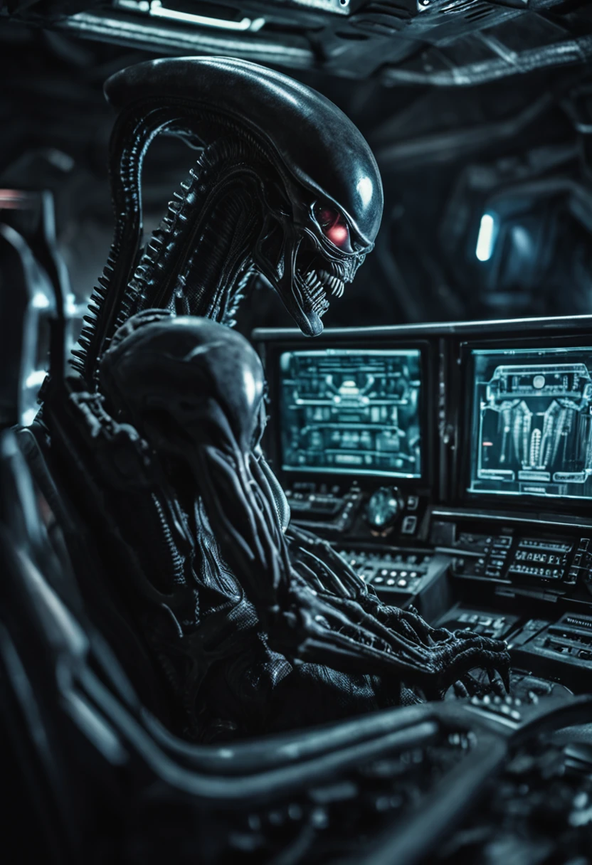 alien man in a spaceship cockpit with a computer monitor, portrait of xenomorph, the alien from the movie 'alien', xenomorph alien, alien xenomorph, a hyper-detailed alien, hr giger. 8 k, giger ’ s xenomorph, tilt shift h.r giger background, xenomorphic