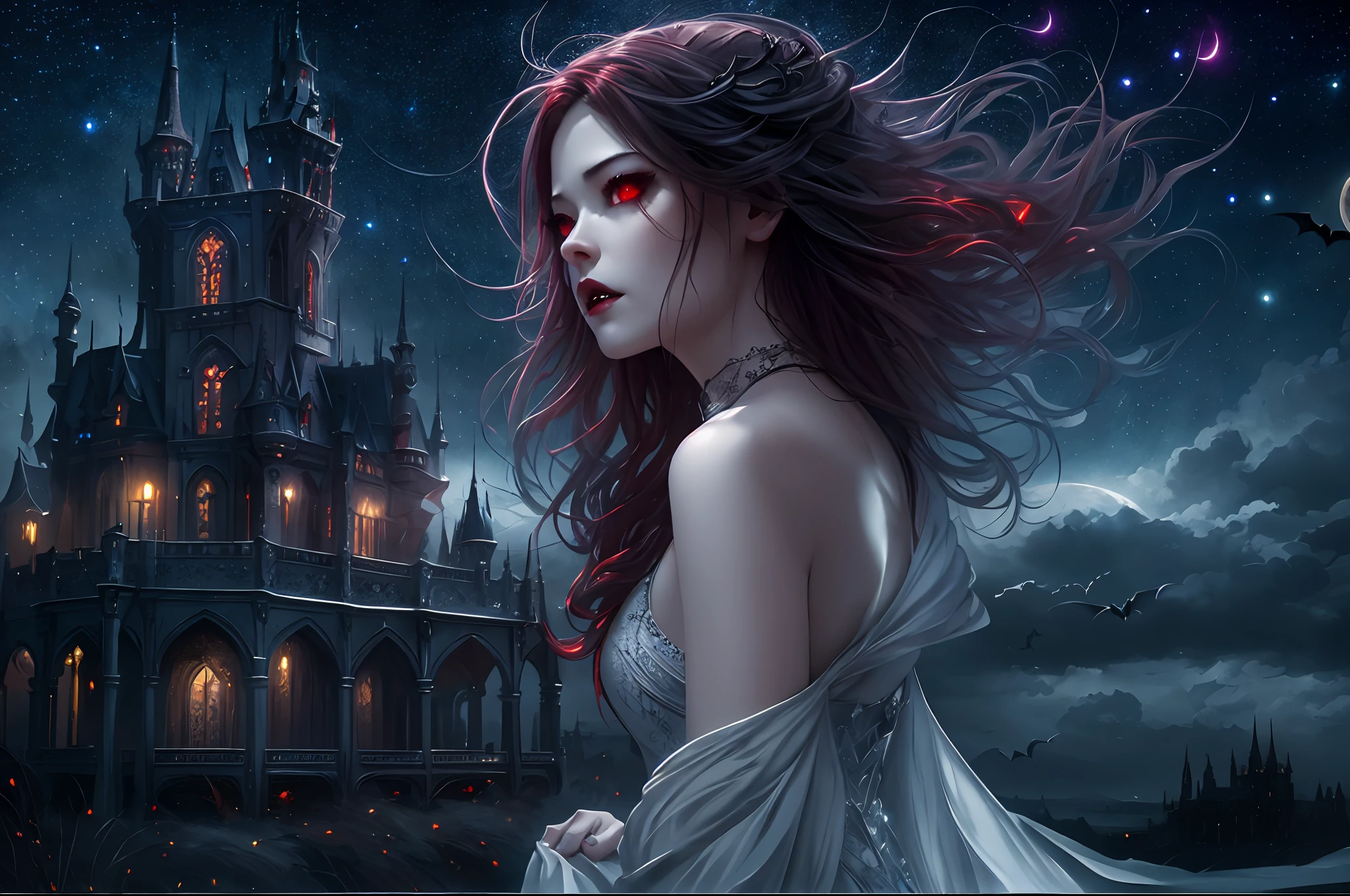 a picture of an exquisite beautiful female vampire standing under the starry night sky on the porch of her castle, dynamic angle (ultra detailed, Masterpiece, best quality), ultra detailed face (ultra detailed, Masterpiece, best quality), ultra feminine, grey skin, red hair, wavy hair, dynamic eyes color, cold eyes, glowing eyes, intense eyes, dark red lips, [fangs], wearing white dress (ultra detailed, Masterpiece, best quality), blue cloak (ultra detailed, Masterpiece, best quality), long cloak, flowing cloak (ultra detailed, Masterpiece, best quality), high heeled boots, sky full of stars background, moon, bats flying about, high details, best quality, 8k, [ultra detailed], masterpiece, best quality, (ultra detailed), full body, ultra wide shot, photorealism, dark fantasy art, dark fantasy art, gothic art, many stars, dark fantasy art, gothic art, sense of dread,