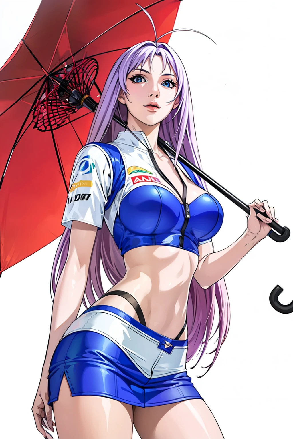 ((Formula One)), race track, miniskirt, crop top,background, perfect eyes:1.2, detailed eyes:1.4, very long hair, ahoge, cowboy shot, (PhotoRealistic:1.4), umbrellaLORA, holding umbrella, Maya-Natsume-KJ, race_queen, clothing cutout, looking at viewer, Ultra-realistic 8K CG, masterpiece, ((ultra-detailed background, delicate pattern, intricate details)), best quality, intricate details, 1girl, solo, (masterpiece:1.6, best quality),