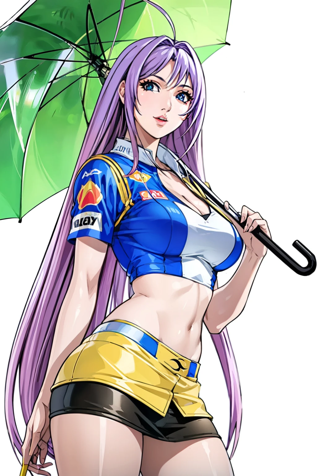 ((Formula One)), race track, miniskirt, crop top,background, perfect eyes:1.2, detailed eyes:1.4, very long hair, ahoge, cowboy shot, (PhotoRealistic:1.4), umbrellaLORA, holding umbrella, Maya-Natsume-KJ, race_queen, clothing cutout, looking at viewer, Ultra-realistic 8K CG, masterpiece, ((ultra-detailed background, delicate pattern, intricate details)), best quality, intricate details, 1girl, solo, (masterpiece:1.6, best quality),