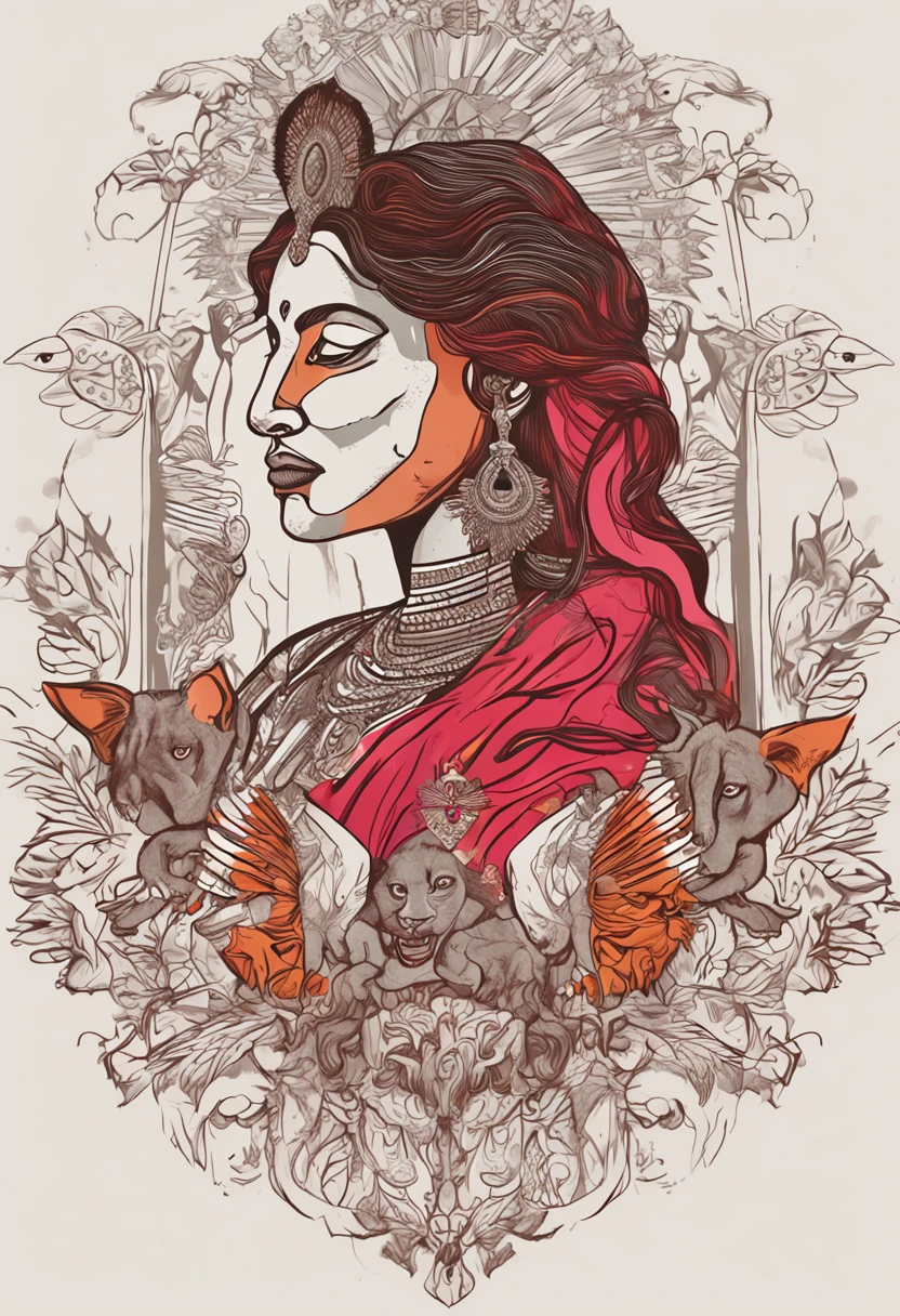 (altamente detalhado), (illustration), (intrincado), (beautiful face), (corpo atraente), (imagem completa do corpo), Deusa indiana moderna, Hinduism, (saree vermelho transparente), visible skin, NSFW, dynamic pose, coroa da divindade, (Lion standing nearby), colorido, Atraente, celestial.