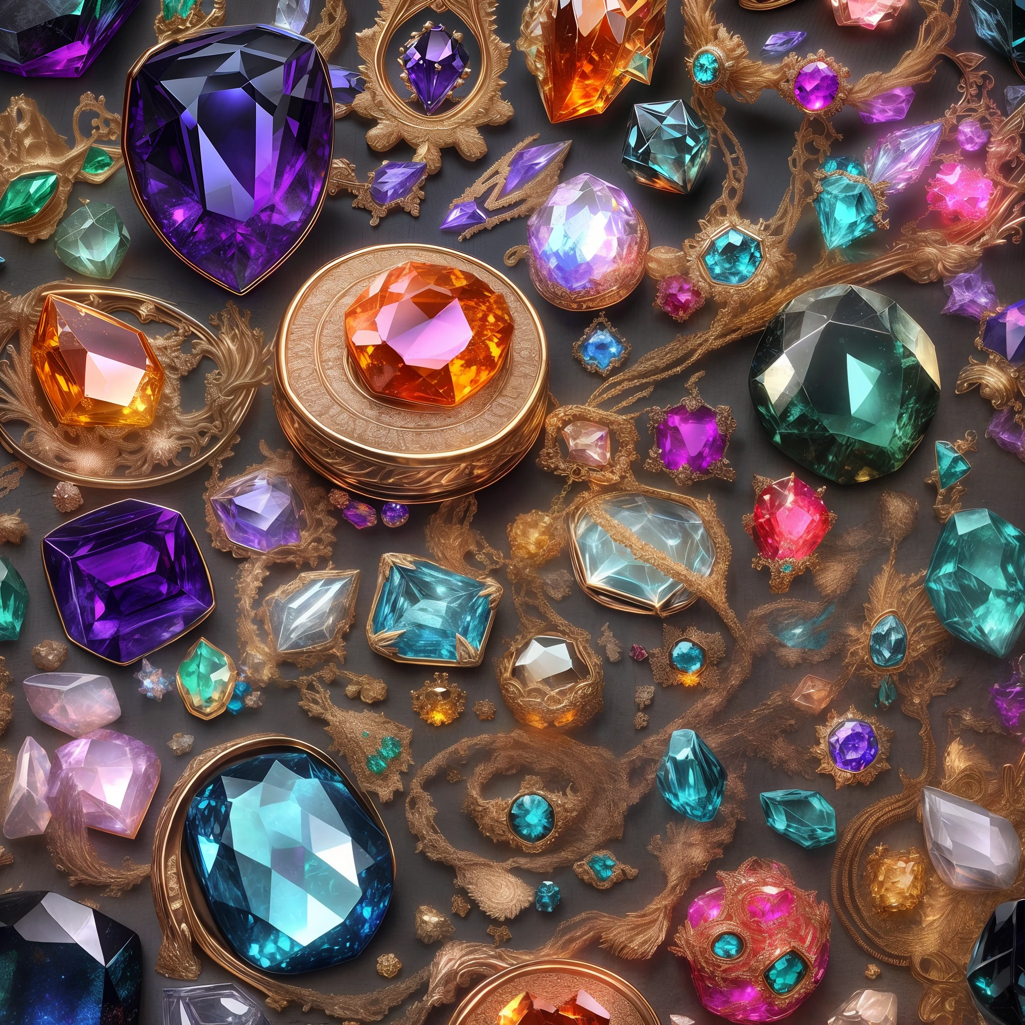 (Girlish style: 1.2), (Full Focus: 2), (Everything in Display Cabinet: 1.3), (coin |Magic Items | Colorful Gems | Cherry Blossoms | Printed Silk Products | Medals | Ores | Obsidian | Pearl | Emerald | White Jade | Amethyst | Sapphire | Gold Products | Silver Products | Purple Gold | Magical Jewelry | Antiques | Ruby | Orange Gem | Blue Gem | Topaz |: 2), Magic Symbols, Magic Particle Effects, High Tech Luxury, High Value Jewelry, High Value Metal, Luxury items, no puzzles, detailed and complex backgrounds, sparkling, reflective light, ultra high definition, award-winning, a high-resolution, high detail texture, contrast between light and dark, cinematic lighting, masterpieces, ray tracing, structurally correct, super details, high-quality, high detail, best quality, 16k