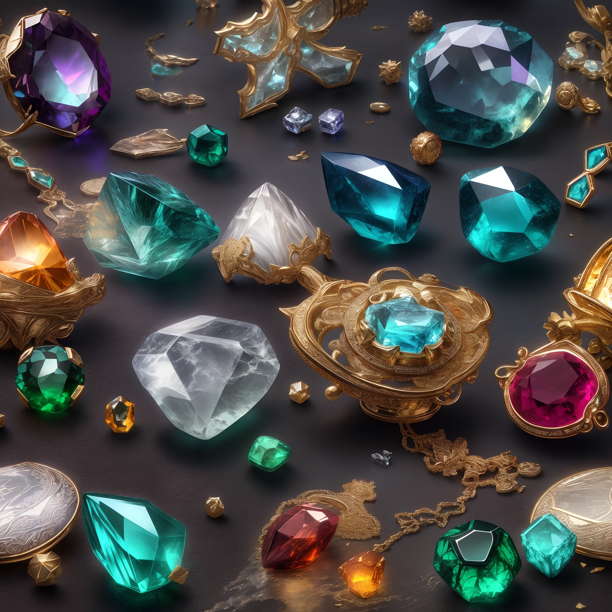(Girlish style: 1.2), (Full Focus: 2), (Everything in Display Cabinet: 1.3), (coin |Magic Items | Colorful Gems | Cherry Blossoms | Printed Silk Products | Medals | Ores | Obsidian | Pearl | Emerald | White Jade | Amethyst | Sapphire | Gold Products | Silver Products | Purple Gold | Magical Jewelry | Antiques | Ruby | Orange Gem | Blue Gem | Topaz |: 2), Magic Symbols, Magic Particle Effects, High Tech Luxury, High Value Jewelry, High Value Metal, Luxury items, no puzzles, detailed and complex backgrounds, sparkling, reflective light, ultra high definition, award-winning, a high-resolution, high detail texture, contrast between light and dark, cinematic lighting, masterpieces, ray tracing, structurally correct, super details, high-quality, high detail, best quality, 16k