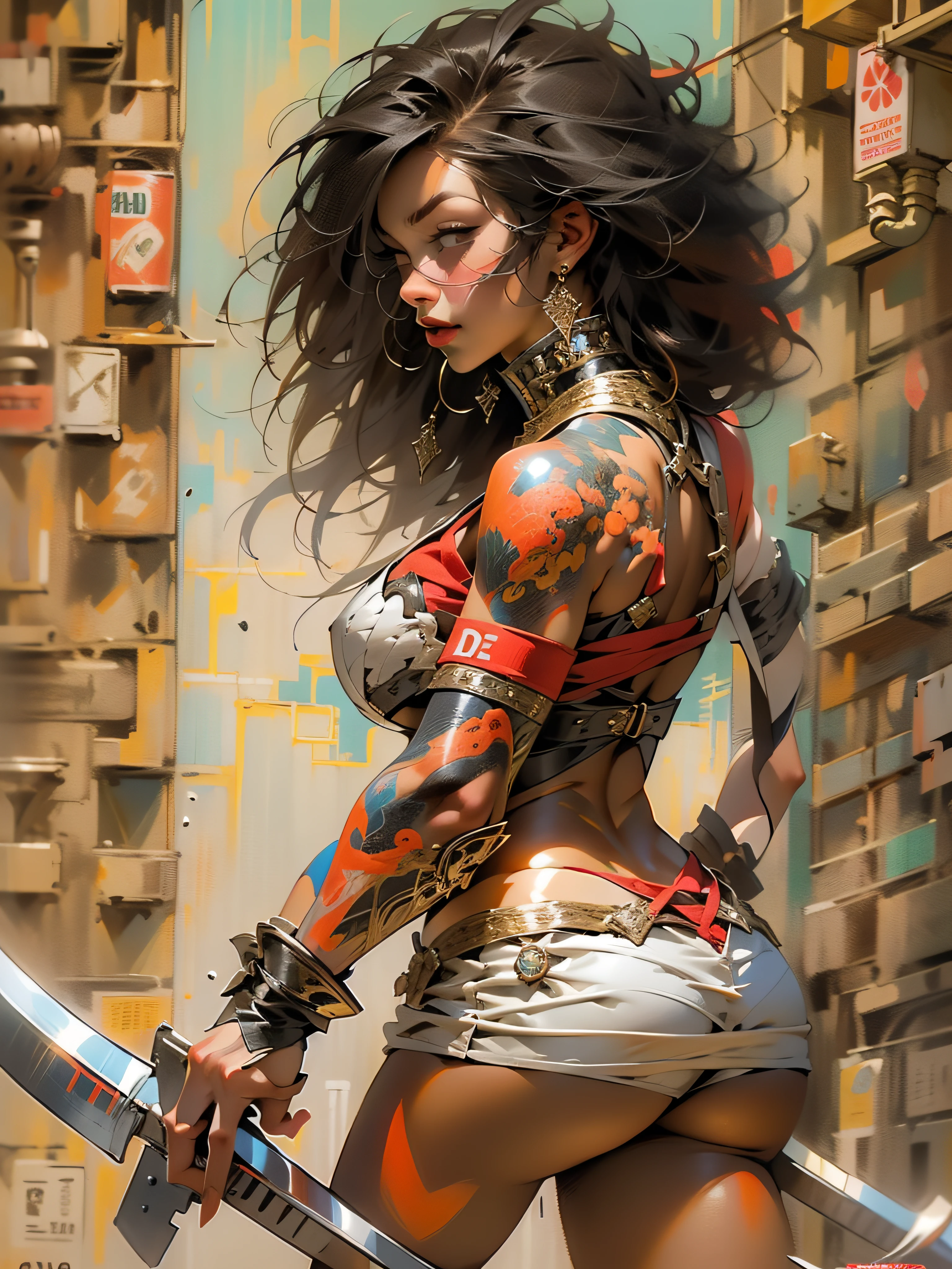 (((mulher))), (((melhor qualidade))), (((obra prima))), (((adulta))), Uma guerreira mulher de 35 anos com corpo perfeito, Brooklyn Gladiators, (( under boobs )), quase nua no estilo selvagem urbano de Simon Bisley para a capa da revista Heavy Metal, cabelo loiro, Minimum clothing, red and white checkered pattern, armadura, cheio de pontas e rebites, tatuagem tribal, (((do joelho pra cima))), cabelo desalinhado