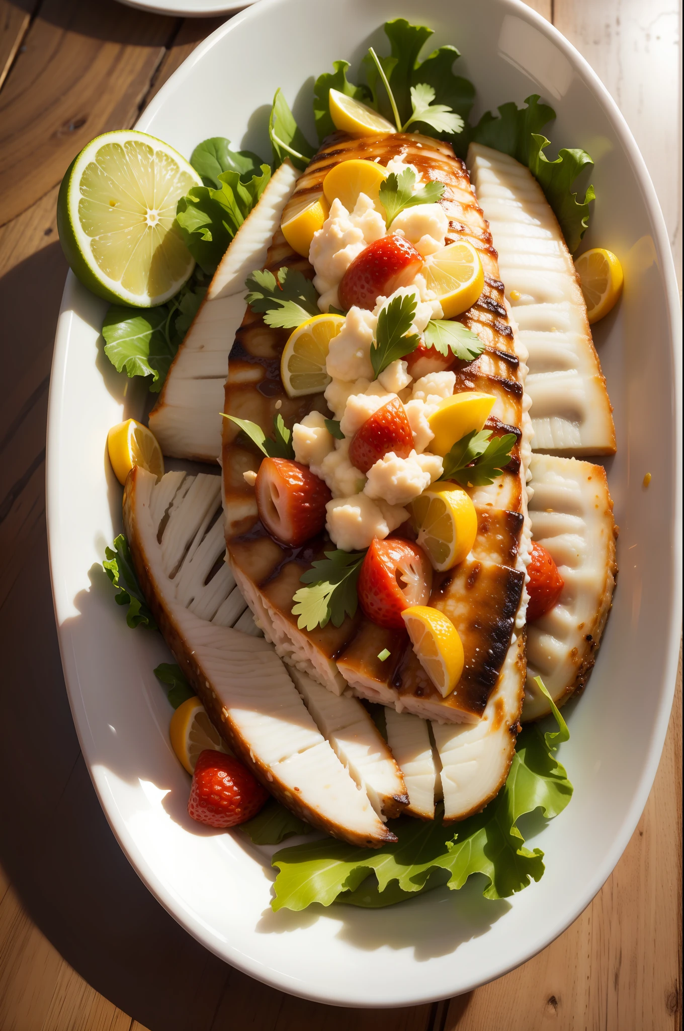 um prato cheio de salada peixe e frutas