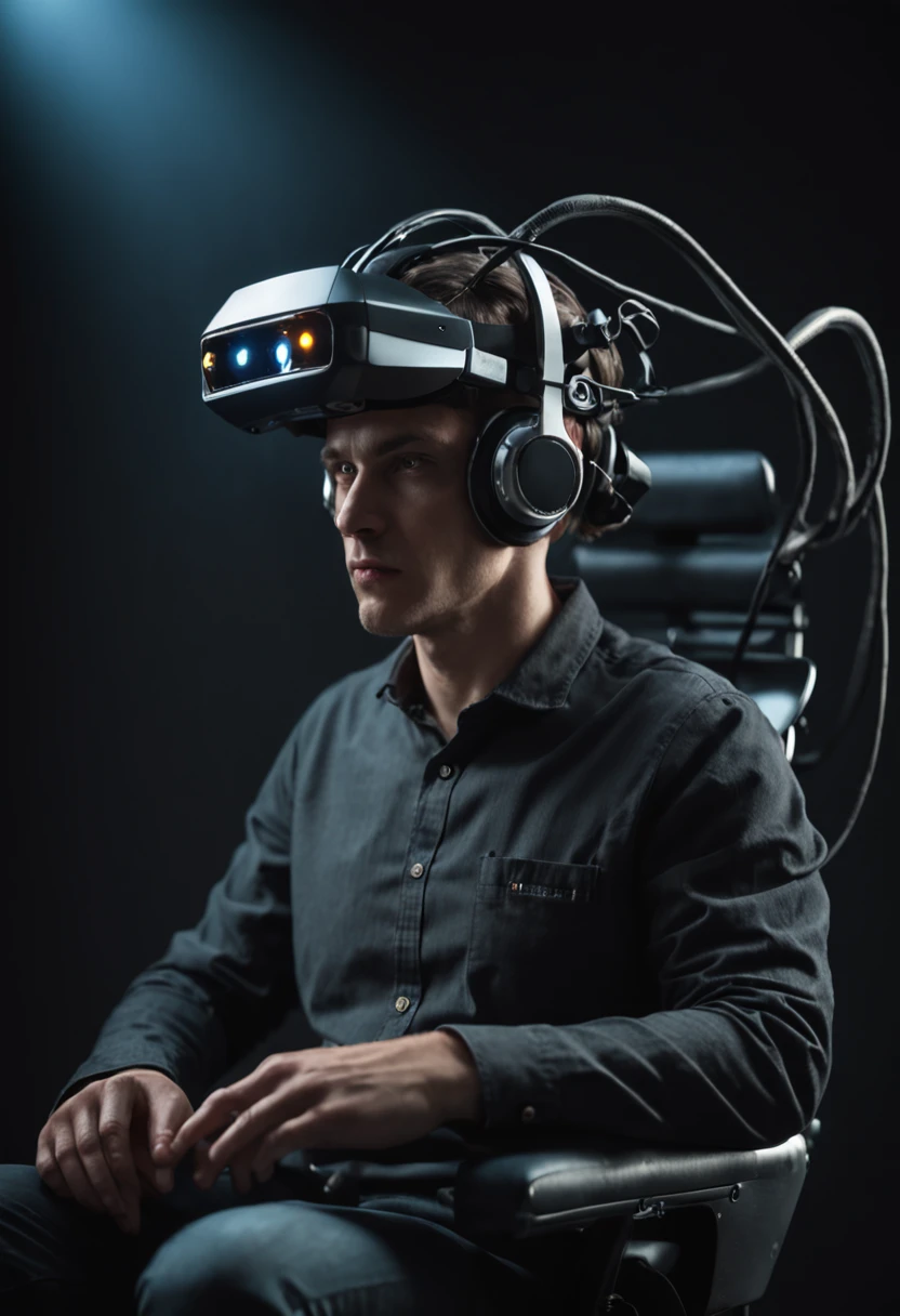 RAW, wide angle, a man in a dark laboratory seated in a futuristic chair wearing a VR helmet with a bunch of wires plugged on it, indoor, laboratory, hardware, dark environment, neon, ((cyberpunk))