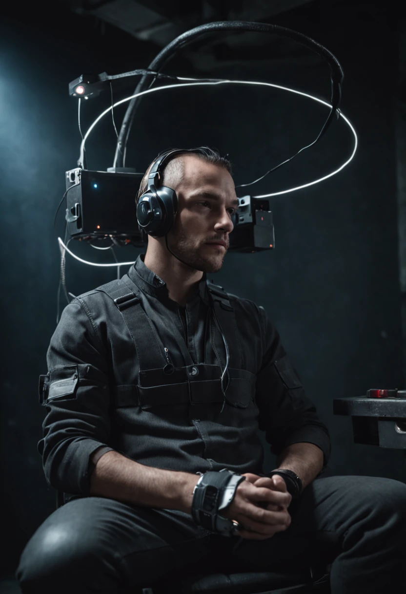 RAW, wide angle, a man in a dark laboratory seated in a futuristic chair wearing a VR helmet with a bunch of wires plugged on it, indoor, laboratory, hardware, dark environment, neon, ((cyberpunk))