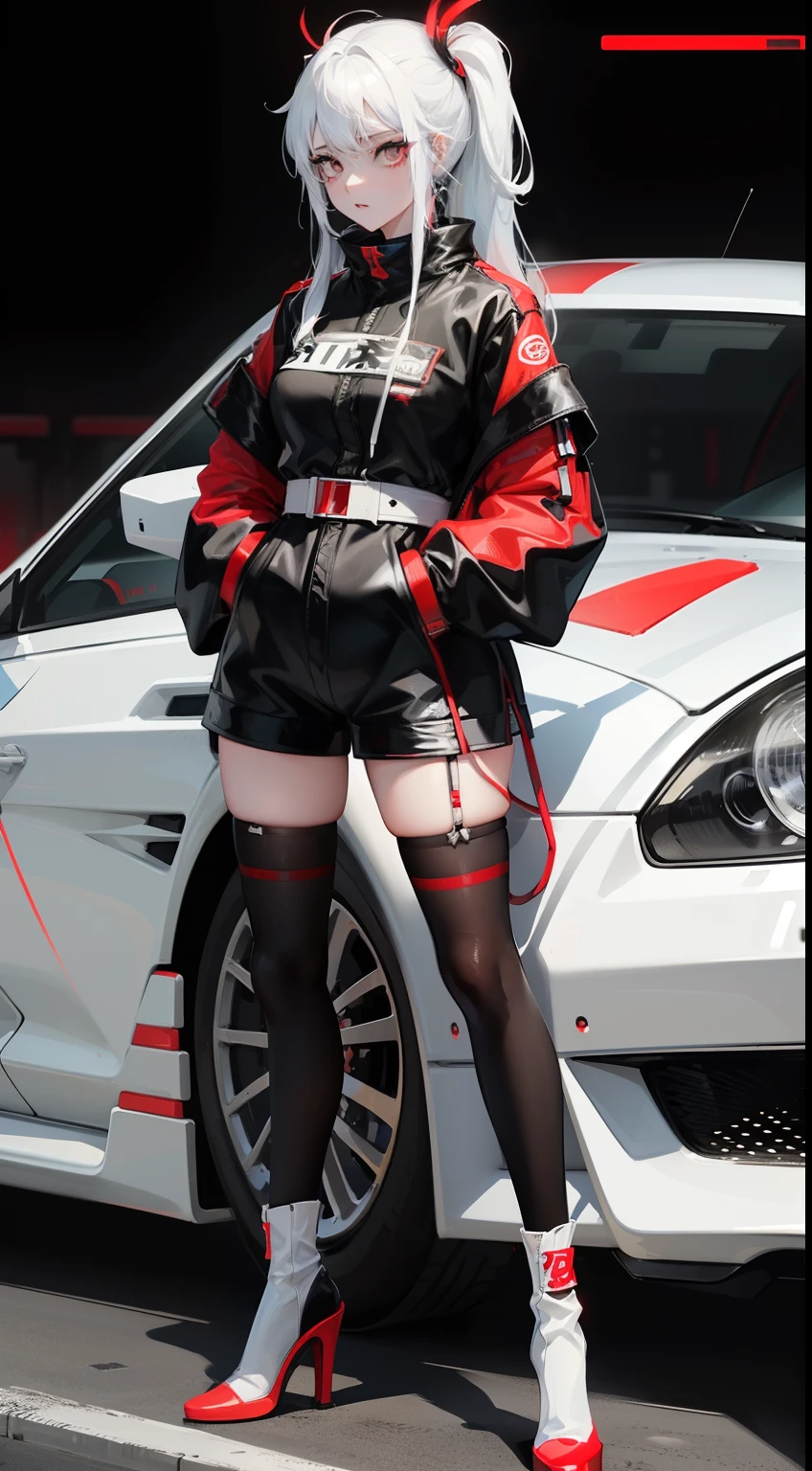full body Esbian, Anime Girl, White hair, Black eyes, Black and white and red techwear clothes, brack、White the、Red Accessories、Racing cars of the near future、Neon and laser beam stadium、Red Long High Heels