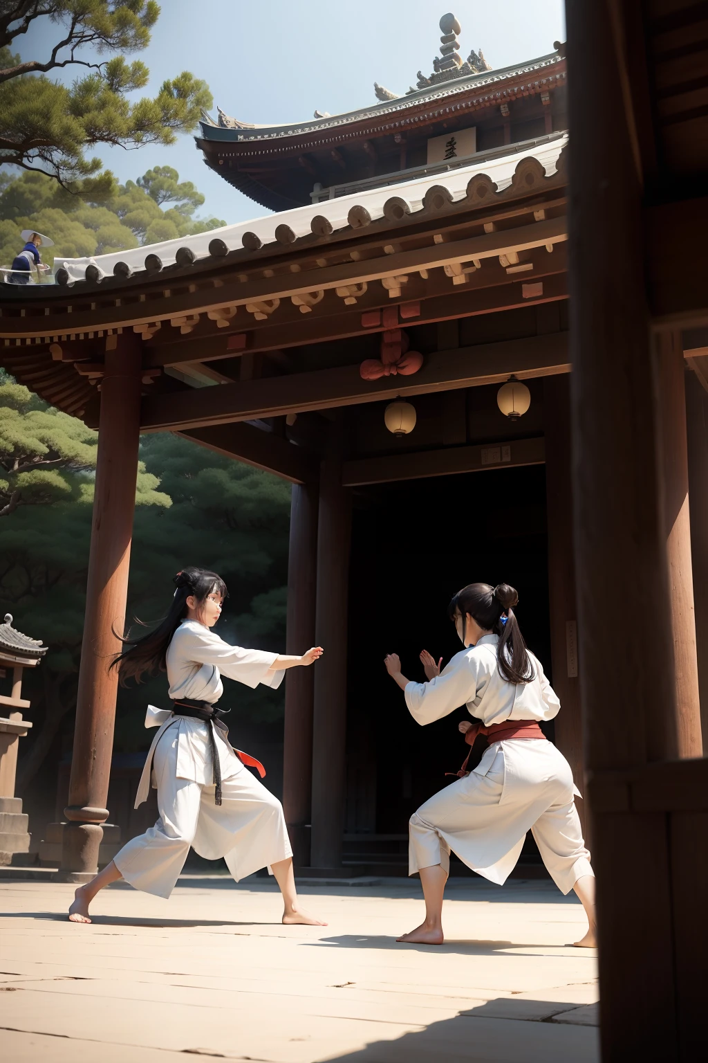 Several Japanese women fighting aikido in ancient clothes in an ancient temple