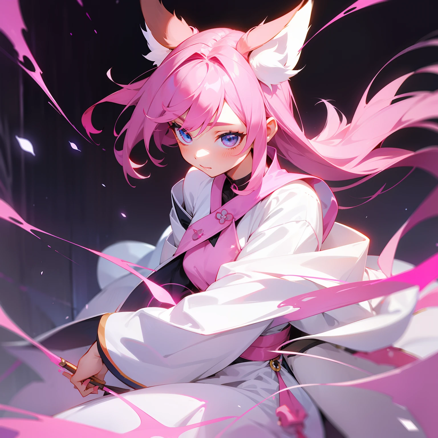 Female vixen,pink magic,Without background,black color hair,white clothes,komono,gentleness