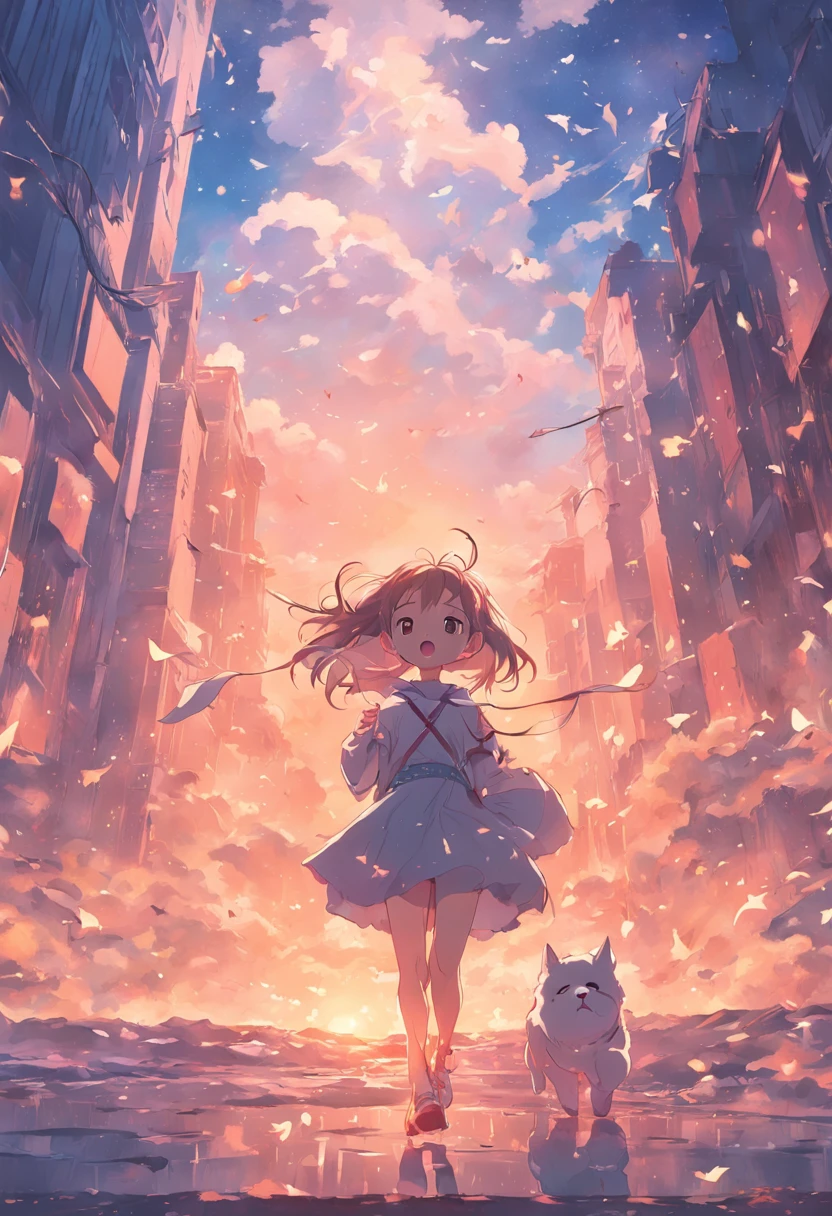 ​masterpiece、top-quality、Movie stills、morning、stroll。pup、1girl in、Cloud Girl、floating in sky、a closeup、发光、Happiness、Fresh morning sunshine、(Spark:0.7) 、stroll、landscapes