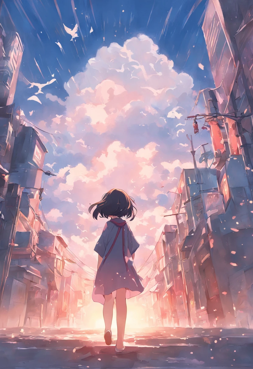 masterpiece、top-quality、Movie stills、morning、stroll。pup、1girl in、Cloud Girl、floating in sky、a closeup、发光、Happiness、Fresh morning sunshine、(Spark:0.7) 、stroll、landscapes