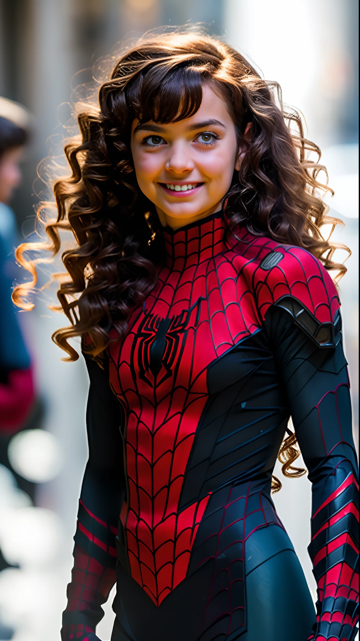 Curly girl with short hair being spiderwoman