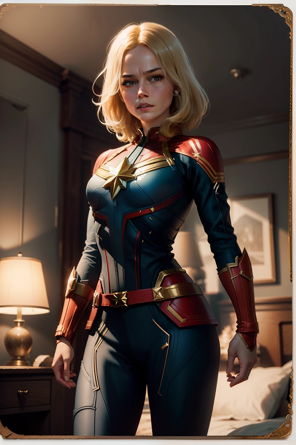 Woman's body set big breasts，Captain Marvel costume dress，cleavage，bare chest，exposed panties，does not wear panties，focus on the ass