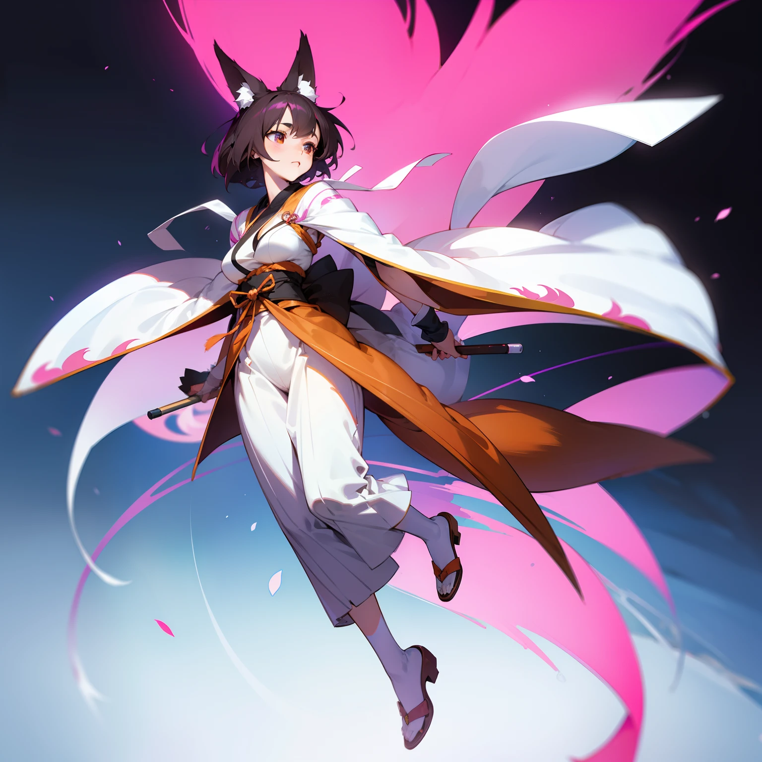 Female vixen,pink magic,Without background,Black color hair,white clothes,komono,gentleness,Full body like,White tail