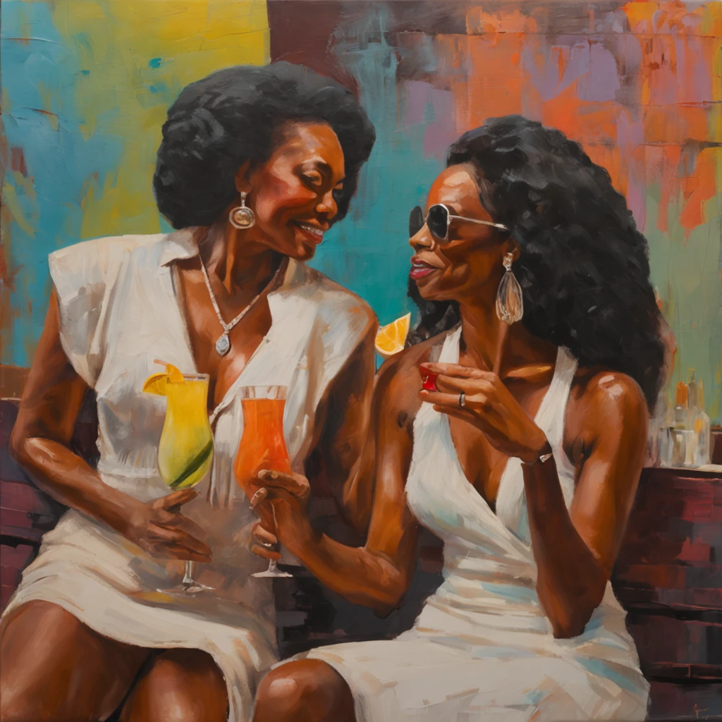 Hawaiian beach photography, ((outdoor ocean background)), sun, ((boat in the background)),two sexy women in a tiki bar, nude, tattoos, sitting on a chair facing away from the camera, dynamic pose,black women ,((second woman holds a cocktail in her hand)), great detail,8K,photorealistic, DSLR, EOS R6,detail,perfect anatomy,fine details,
,Movie Still,Film Still,((ultra detailed face)),((perfect eyes)),((perfect hands)), RAW format.,Cinematic,