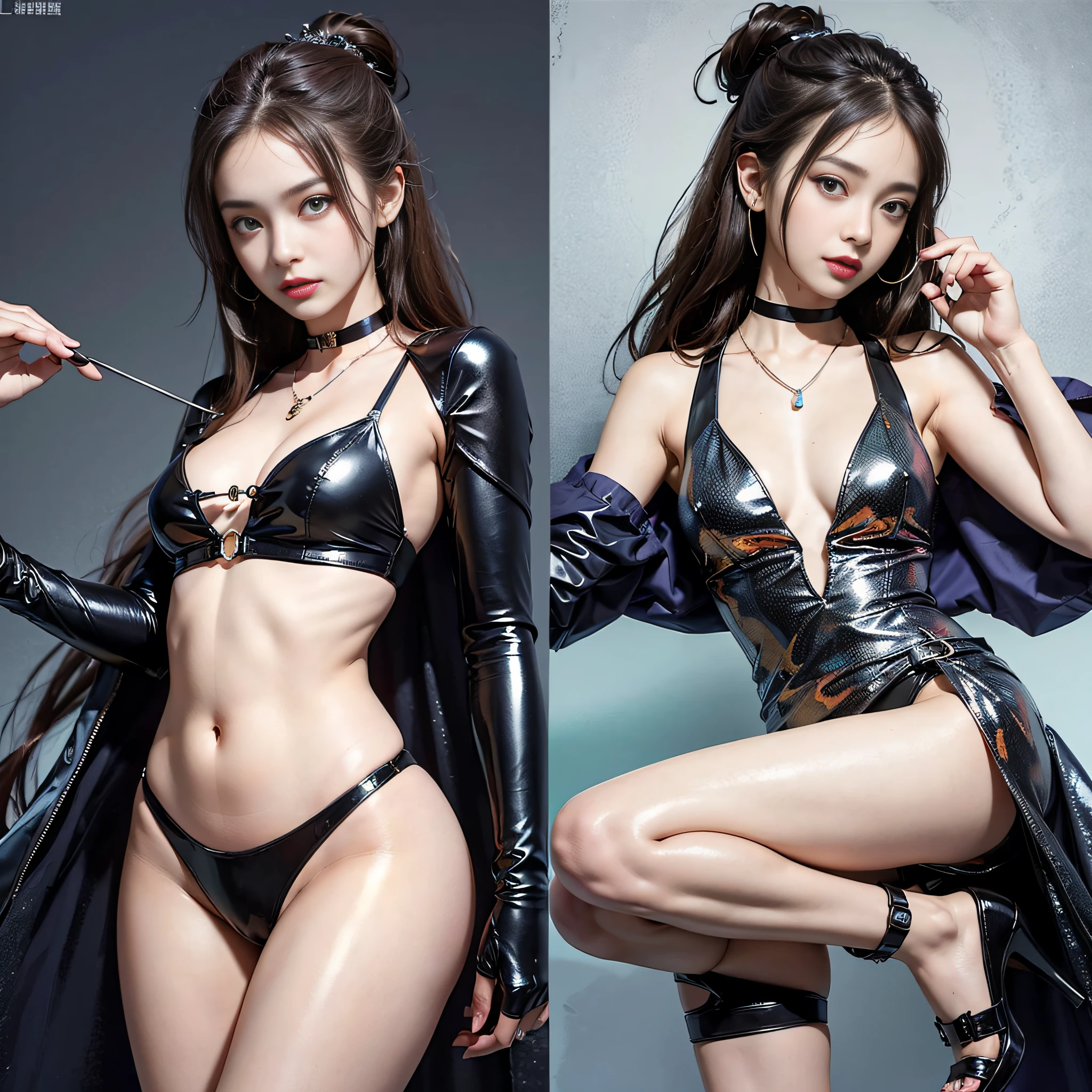 ((​masterpiece:1.4)、(top-quality:1.4)、(reallistic:1.7))、Beautiful girl in bondage style、Super sexy daughter、Super beautiful girl、1girl in、Glossy luxury latex、Luxury Latex Bodysuit、By Luis Royo、age19、Super Ultra Ultra Bikini、beautiful countenance、kawaii faces、Beautiful udder、Beautiful ass、A detailed eye、beautidful eyes、Raw photo、red-lips、Red high heels、a choker、a necklace、耳Nipple Ring、