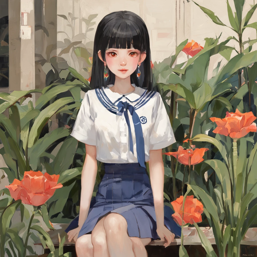 1girl, bangs, black_choker, black_hair, blue_sailor_collar, blue_skirt, bush, choker, collarbone, day, earrings, flower, jewelry, lips, looking_at_viewer, outdoors, plant, pleated_skirt, potted_plant, road, sailor_collar, school_uniform, serafuku, shirt, short_hair, short_sleeves, sitting, skirt, smile, solo, stairs,