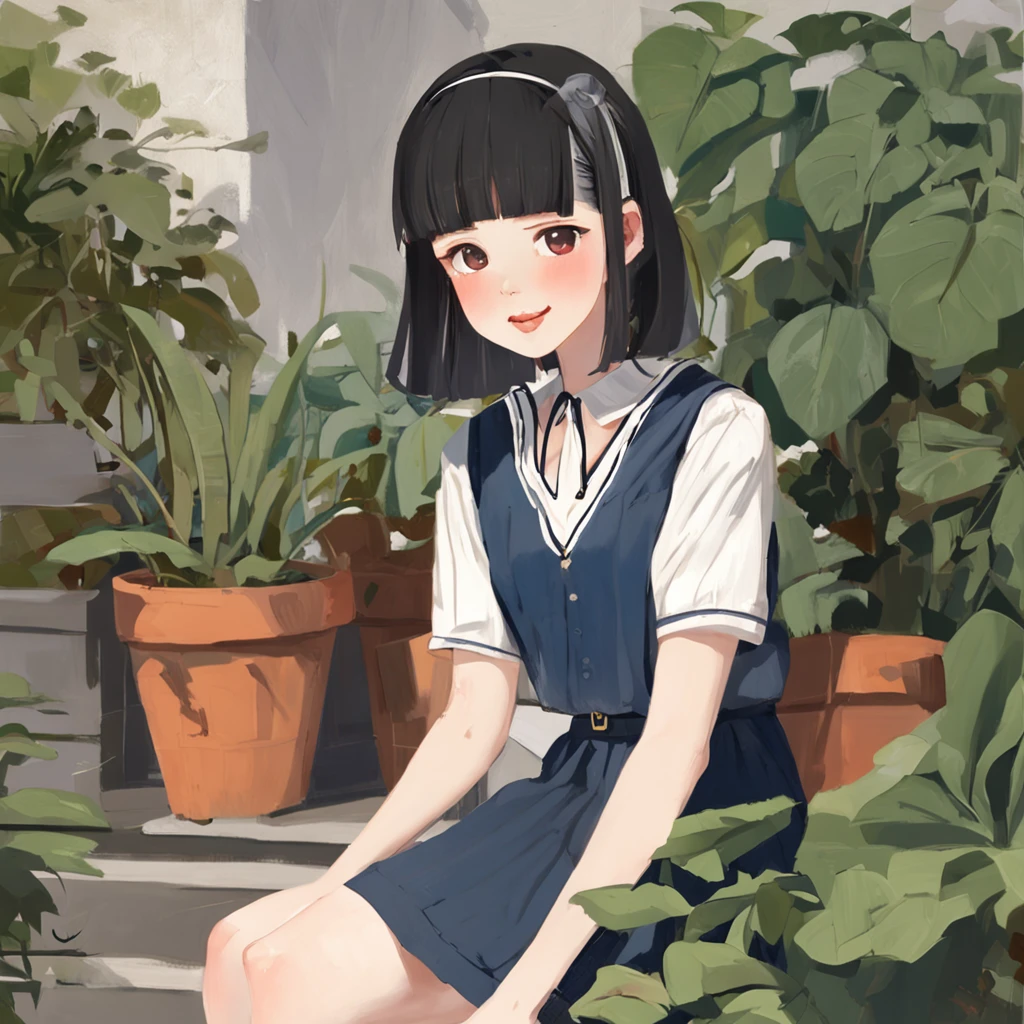 1girl, bangs, black_choker, black_hair, blue_sailor_collar, blue_skirt, bush, choker, collarbone, day, earrings, flower, jewelry, lips, looking_at_viewer, outdoors, plant, pleated_skirt, potted_plant, road, sailor_collar, school_uniform, serafuku, shirt, short_hair, short_sleeves, sitting, skirt, smile, solo, stairs,