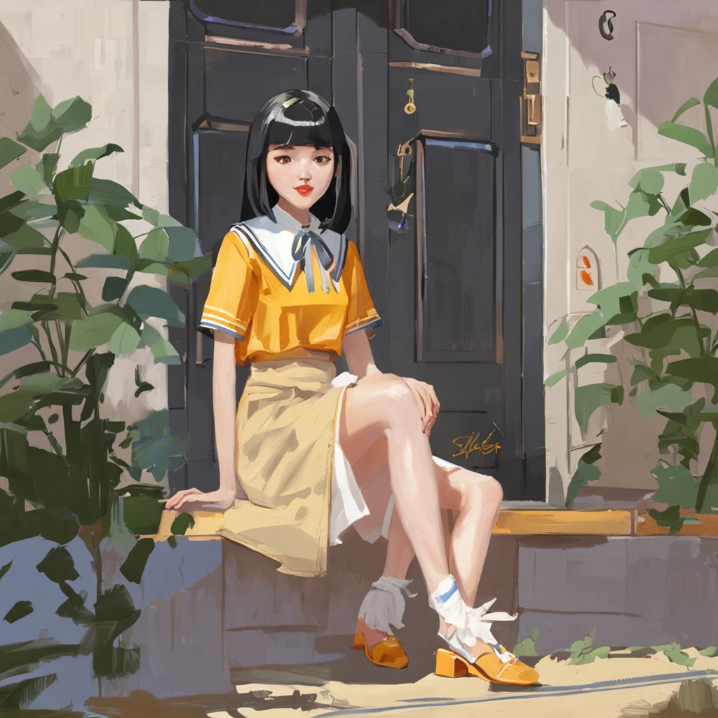 1girl, bangs, black_choker, black_hair, blue_sailor_collar, blue_skirt, bush, choker, collarbone, day, earrings, flower, jewelry, lips, looking_at_viewer, outdoors, plant, pleated_skirt, potted_plant, road, sailor_collar, school_uniform, serafuku, shirt, short_hair, short_sleeves, sitting, skirt, smile, solo, stairs,