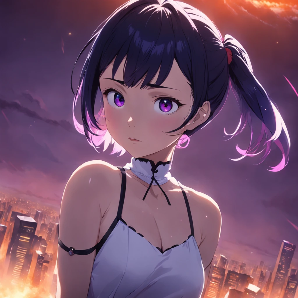 masterpiece, best quality, movie still, 1girl, darkness, close-up, black hair, very short ponytail hair, purple eyes, small to medium breast, slight smile, (sparks:0.7)