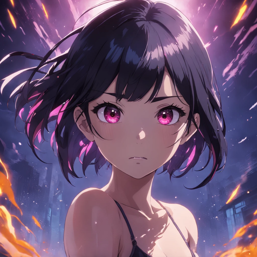 masterpiece, best quality, movie still, 1girl, darkness, close-up, black hair, very short ponytail hair, purple eyes, small to medium breast, slight smile, (sparks:0.7)