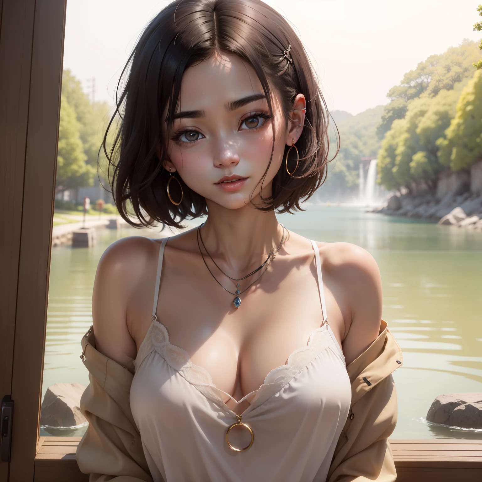 (8K、raw、proffesional、top-quality、masterpiece:1.2)、(realisitic、Photorealsitic:1.37)、The ultra-detailliert、(portlate)、(Highest Detail Skin:1.2)、(Highest Detail Face:1.2)、cinematlic lighting、1 18-year-old girl、dark brown eyes、big eye、Short bob hair、A slight smil、portlate、耳Nipple Ring、a necklace、Camisole