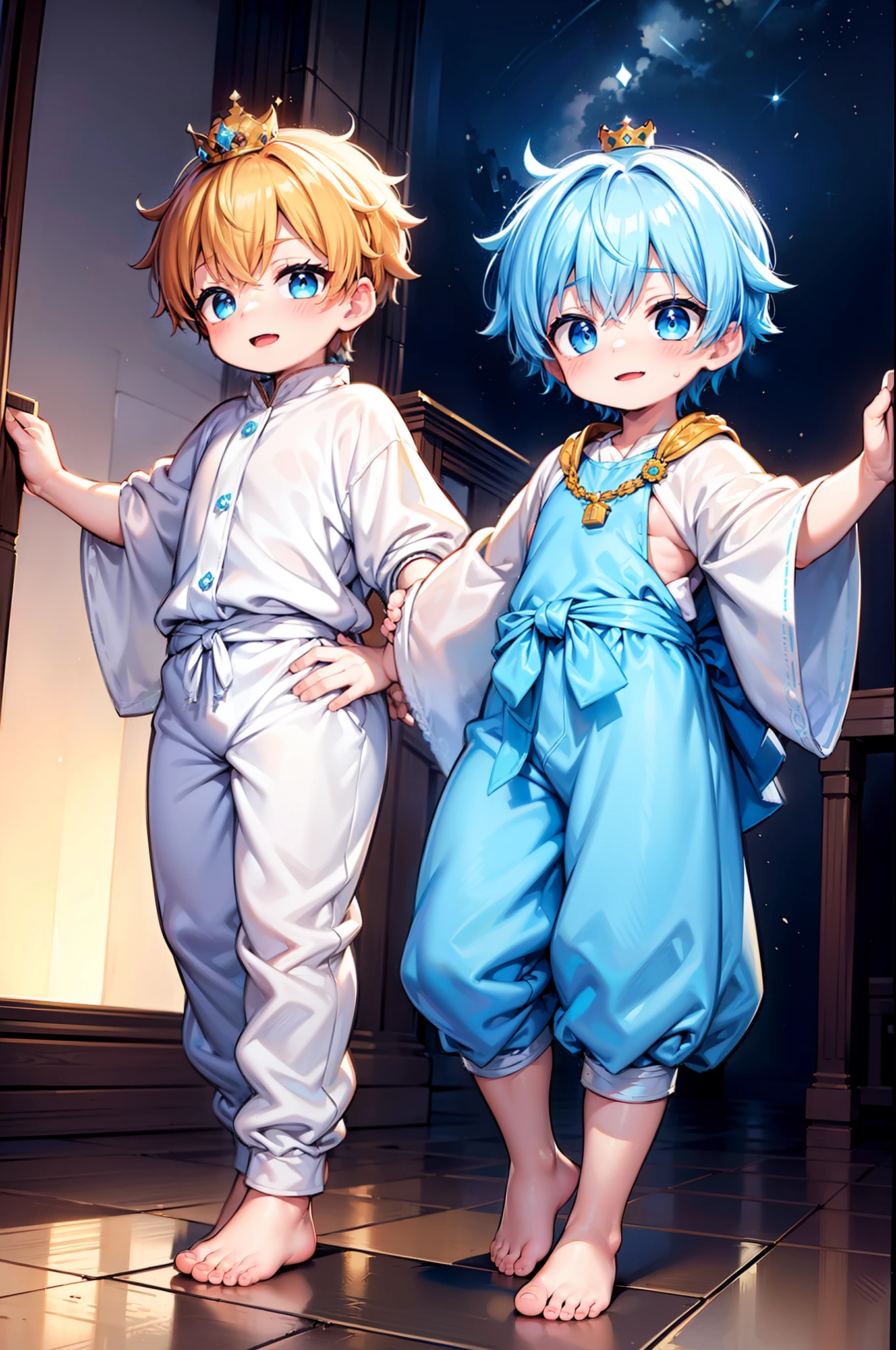 4k, (Masterpiece:1), Little boy with blue colored hair and shiny, glowing cyan eyes and barefoot, arms up, epic, cinematic, young, boy, child, small, toddler, tiny feet, focus on feet, feet, blushing, (Young:1.4), (Child:1.4), (Shota:1.4), (male:1.4), (boy:1.4), (royal clothes:1.4), (epic:1.4), (posing:1.4), (cinematic:1.4), (king:1.4), (Royalty:1.4), (happy expression:1.4)