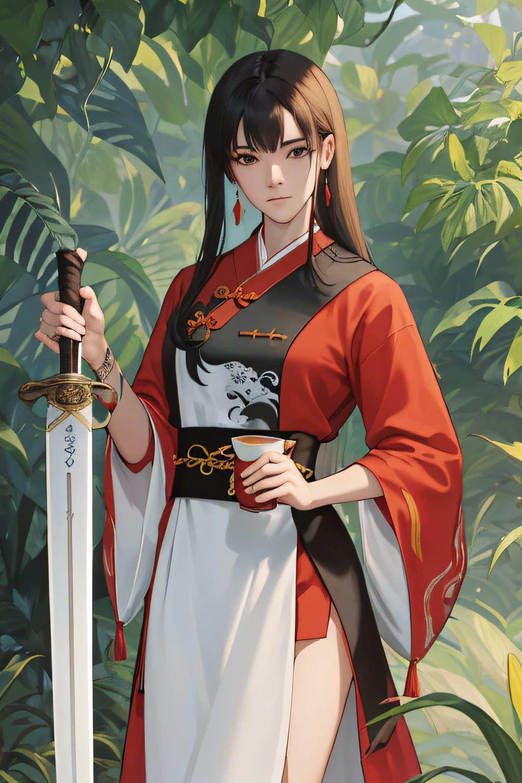 NSFW, obra-prima, melhor qualidade, ultra-detalhado, semi-realista, detailedfacialfeatures, 2woman,usando roupas velha wuxia chinesa,cabelos negros compridos , olhos negros,roupa vermelha,voluptuosa,sensual ,ardiloso,arrogante ,insensivel,holding a long sword with his right hand and with his left a cup of tea