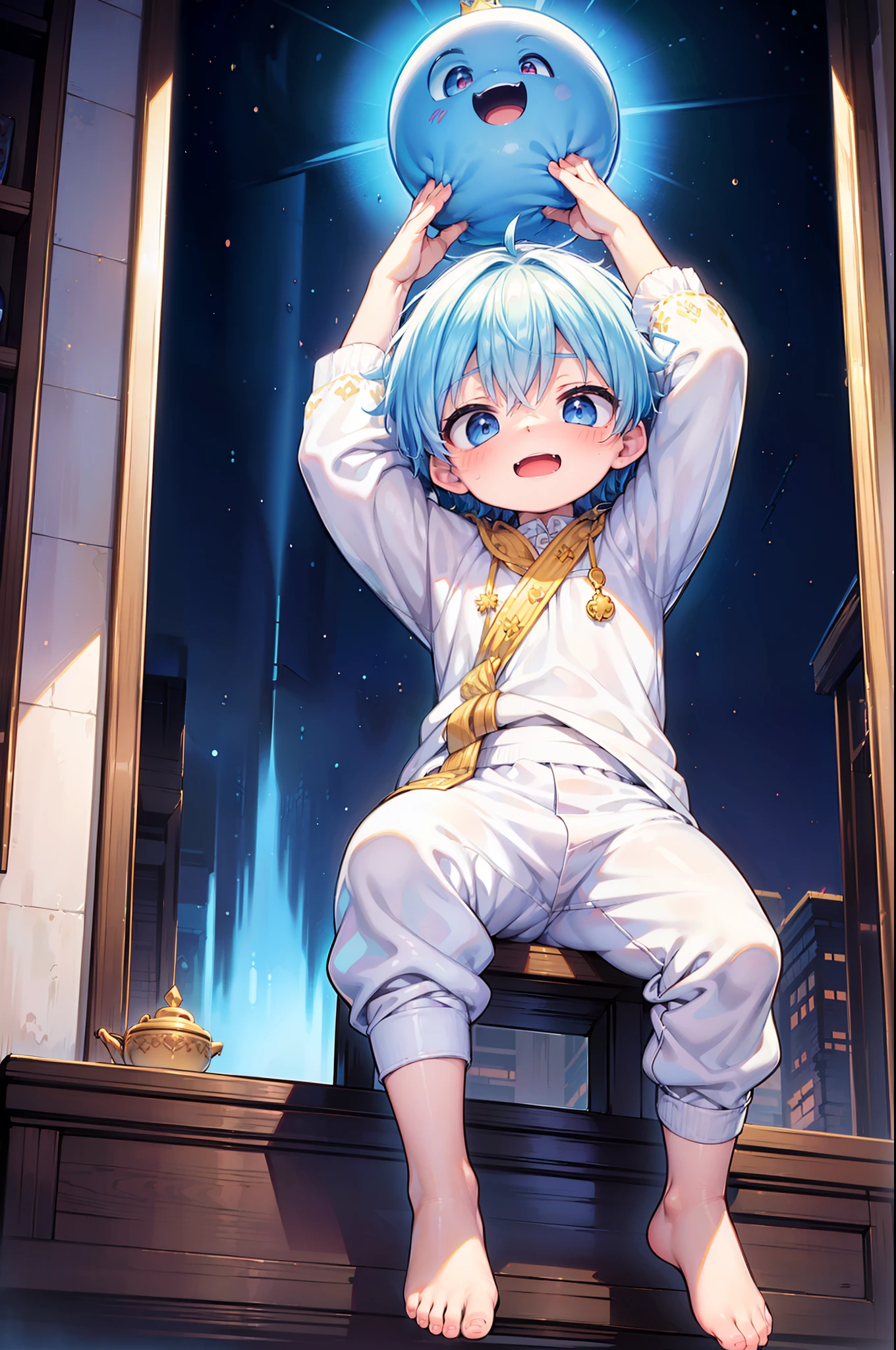 4k, (Masterpiece:1),  boy with blue colored hair and shiny, glowing cyan eyes and barefoot, arms up, epic, cinematic, young, boy, child,l, toddtiny fe, focus on feet, feet, blushing, (Young:1.4), (Child:1.4), (Shota:1.4), (male:1.4), (boy:1.4), (royal clothes:1.4), (epic:1.4), (posing:1.4), (cinematic:1.4), (king:1.4), (Royalty:1.4), (happy expression:1.4)