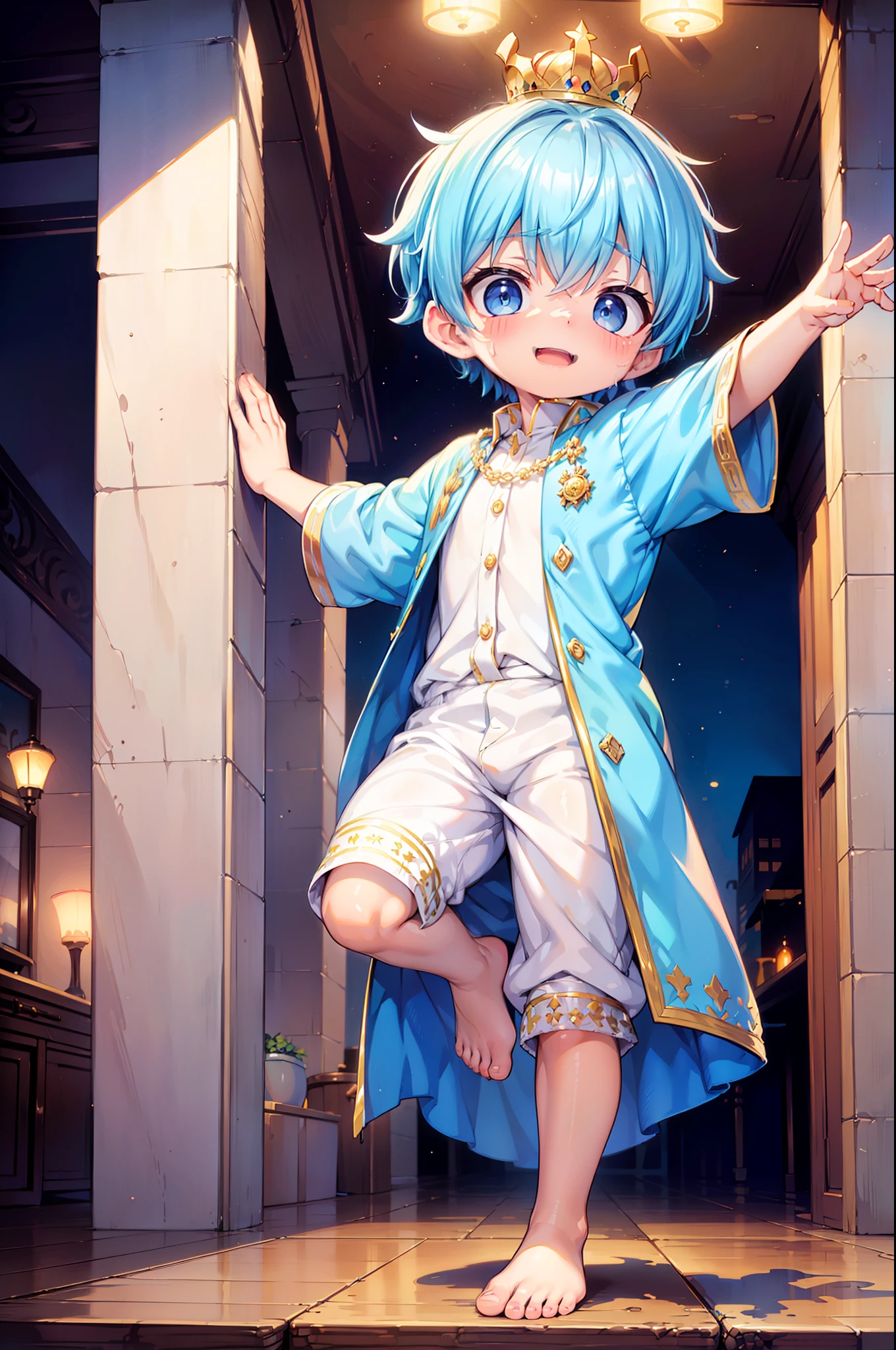 4k, (Masterpiece:1), ********** with blue colored hair and shiny, glowing cyan eyes and barefoot, arms up, epic, cinematic, young, boy, child, small, toddler, tiny feet, focus on feet, feet, blushing, (Young:1.4), (Child:1.4), (Shota:1.4), (male:1.4), (boy:1.4), (royal clothes:1.4), (epic:1.4), (posing:1.4), (cinematic:1.4), (king:1.4), (Royalty:1.4), (happy expression:1.4)