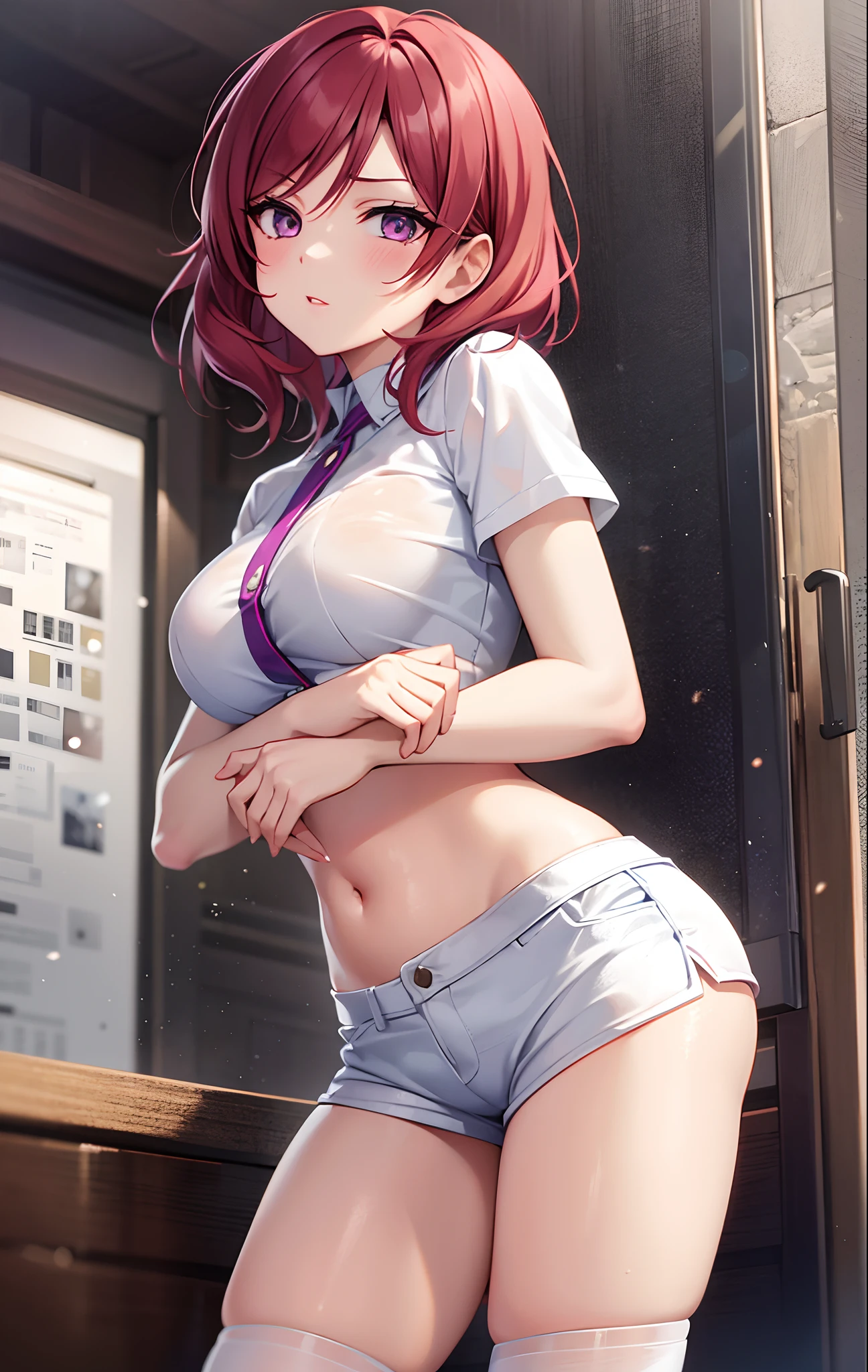 2girls,hug, lesbian,Nishikino maki, Purple eyes,((short red hair)), blouse, white shorts, brown pantyhose, (midriff:0.8), (lips:0.7), llchar