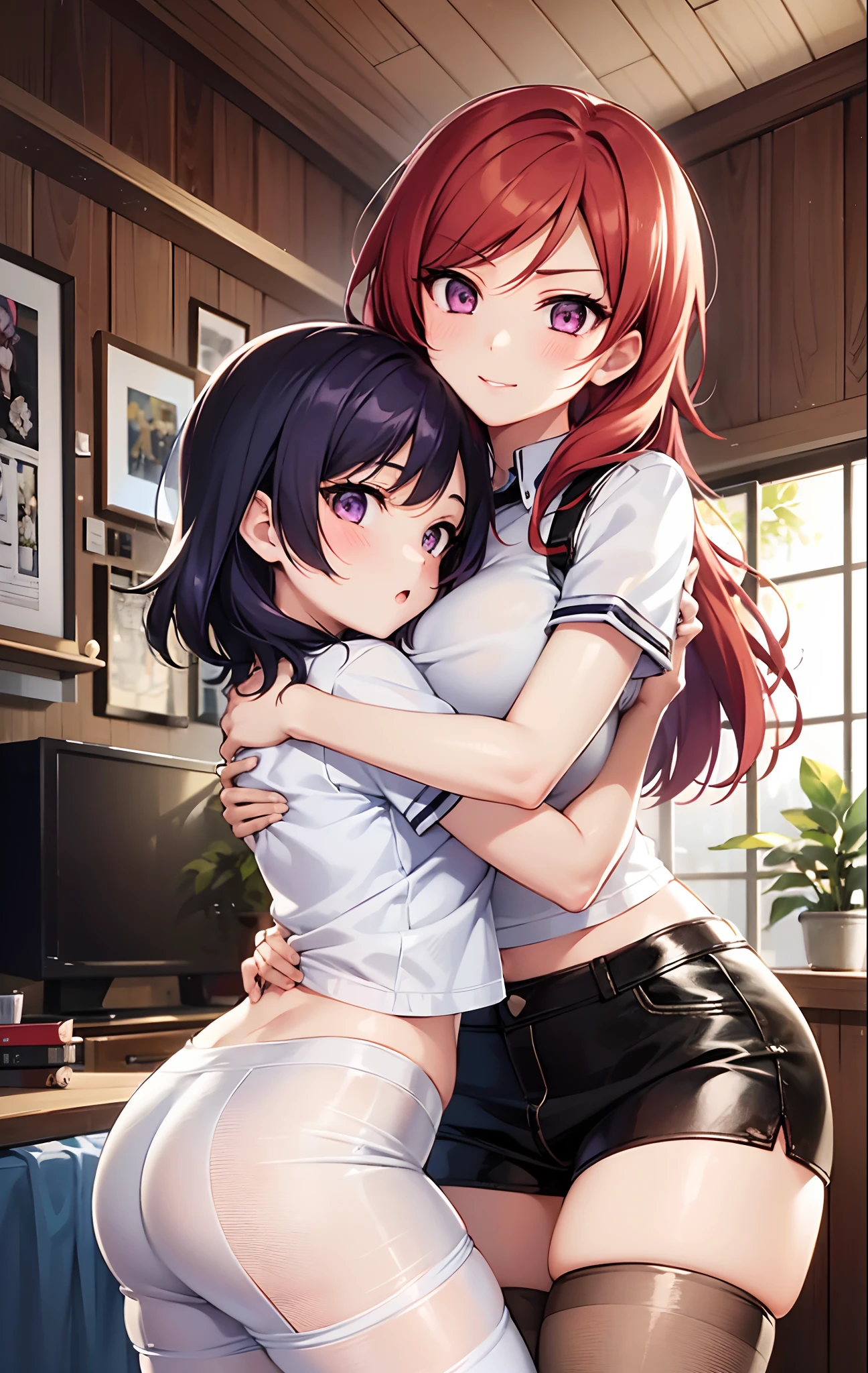 2girls,hug, lesbian,Nishikino maki, Purple eyes,((short red hair)), blouse, white shorts, brown pantyhose, (midriff:0.8), (lips:0.7), llchar