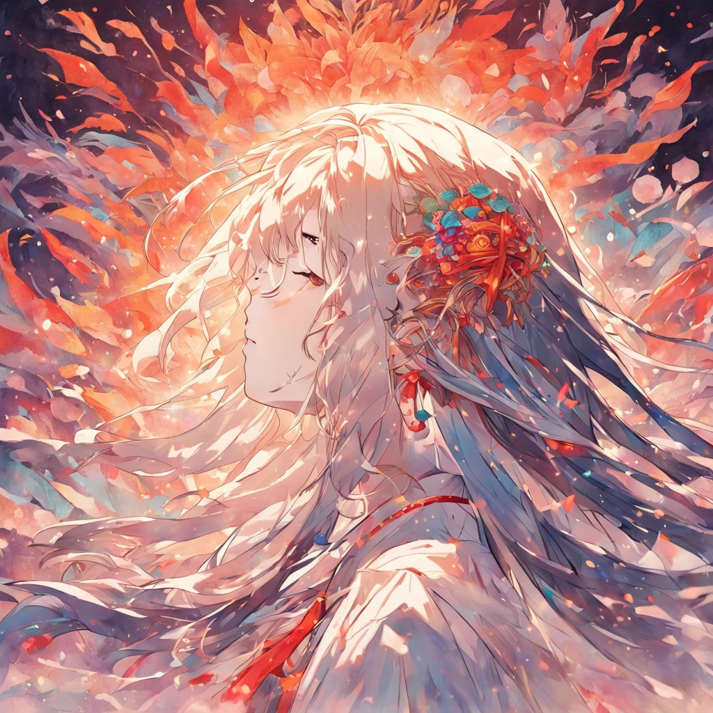 (White background:1.4),(Silhouette of a girl's head, Eyes closed, Colorful long hair, Oriental elements),(Chinese Illustration:1.3,paper art:1.3, Quilted Paper Art:1.2),( Reasonable design, Clear lines, High Sharpness,Best Quality, Very detailed, masutepiece, Movie Light Effects, 4K )