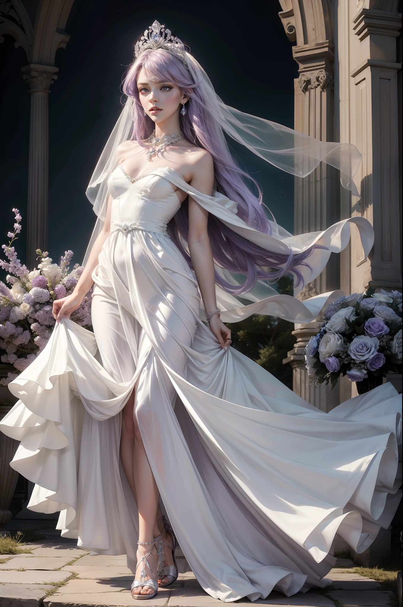 Bride with creamy white wedding dress. Drapped one shoulder dress, asymmetrical cut, long skirt, silver and amethyst jewelry, shoes with collar, tiara, medium long veil. Lilac hair, dark green eyes,  soft make-up. Small bouquet. Elegant art nouveau vitraux as background.