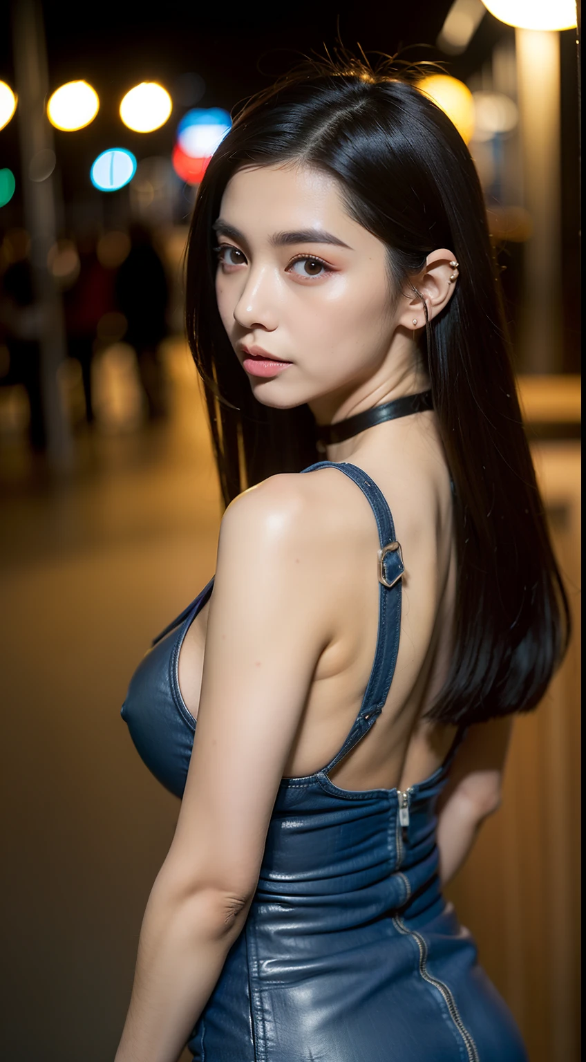 ​masterpiece, top-quality, 超A high resolution, (Photorealsitic:1.4), 32K,beautiful  lighting, Raw photography, 8K UHD, A detailed face, A detailed eye,Detailed eyes,Symmetrical eyes,Good balance between the left and right eyes,no-makeup:1.5,beautiful a girl, Cute  girl s,18year old,(((cabelos preto e longos、One-length,with round face,a baby f Face, Narws,round upturned nose,Letter to))), (((［Tight long dress that sticks to the body,deep v neck］,Dresses with open shoulders,Wearing a leather jacket over a dress,a choker,a necklace,耳Nipple Ring,This is a common-sense configuration,Not erotic))),(Colossal tits:1.5,Big buttocks:1.3),((sideboob barbosa:1.3)),Shoulder Bag,Late night street corner,Night view of the city, Blurry night view,The night view is blurry,longshot,Facing backwards、Looks Back