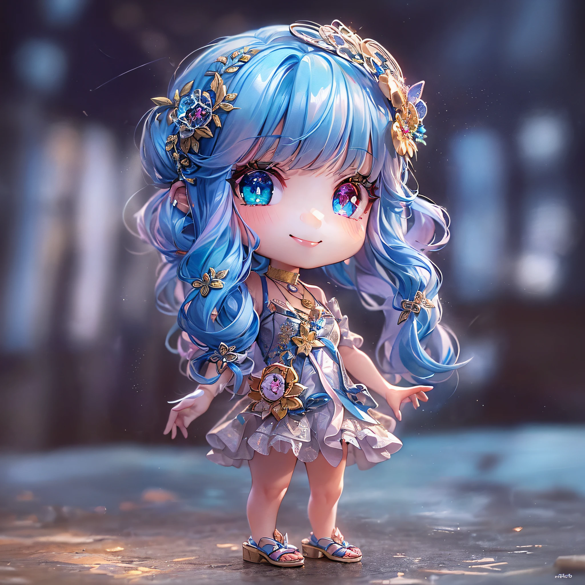 (Chibi:1.5)((masutepiece, of the highest quality, Watercolor art (Pendants), Beautiful and aesthetic: 1.2)), (Golden ratio: 1.2), (Full body: 1.2), (Super Detail: 1.3), (1 girl in: 1.3), (Fractal Art: 1.3), (Glitter Pupil)),(eye glass:1.5) ,(Iridescent hair, Colorful hair, Half light blue and half pink hair: 1.2)),  (Heterochromia), (Colorful: 1.5), (((Shy face)),  (full body Esbian), (Hyper-detailing), ((delicate detail)), (intricate-detail), ((Cinematic Light, Highest quality backlight)), High contrast, ((The best lighting, Very delicate and beautiful)), (( Cinematic Light)), (ray trace reflection, Glow), (((glowing aura)), ((Glowing hair)), ((Super Detail)), (8K)), ((a closeup)),  ((Seductive smile)) ,((FULL BODYSHOT))、(Chibi:1.5)