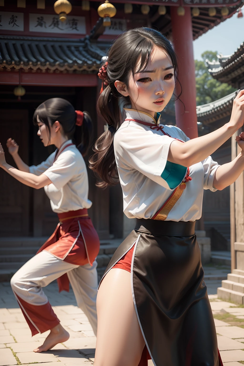 Several Chinese women fighting tai chi in ancient clothes in an ancient temple