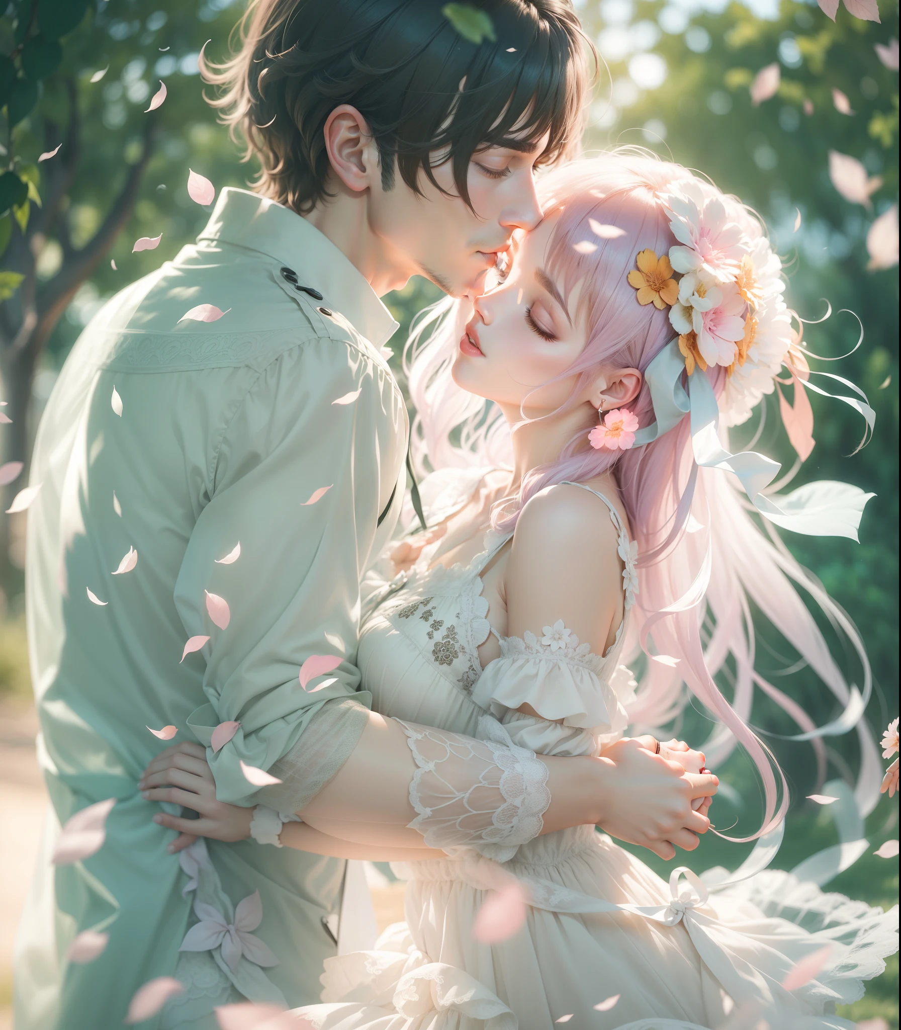 1 handsome man and 1 pretty girl, Love, fondness, the kiss, She is in a light summer lace dress with ribbons, 30 thousand.., Triple exposure, the anime
