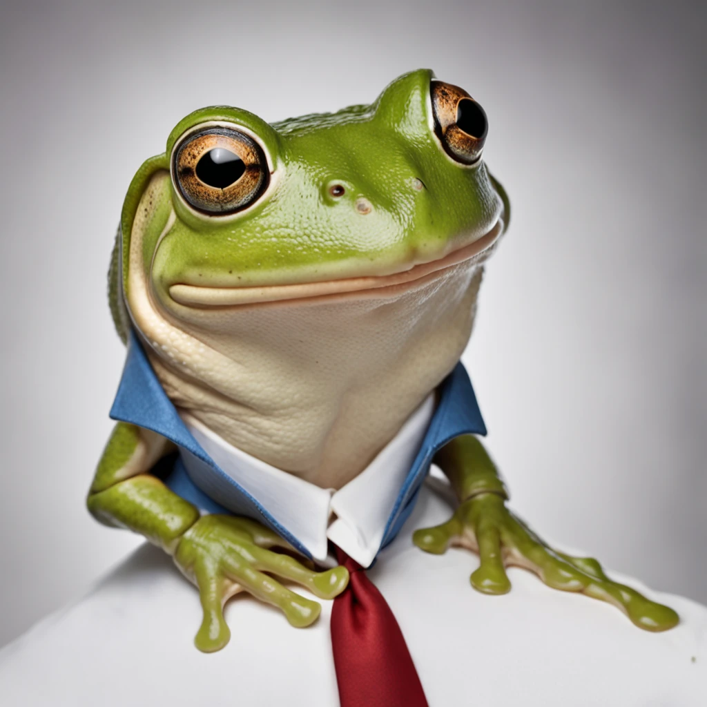 "A high-quality illustration with a frog-looking politician, portraying a frog man with striking and realistic expression."