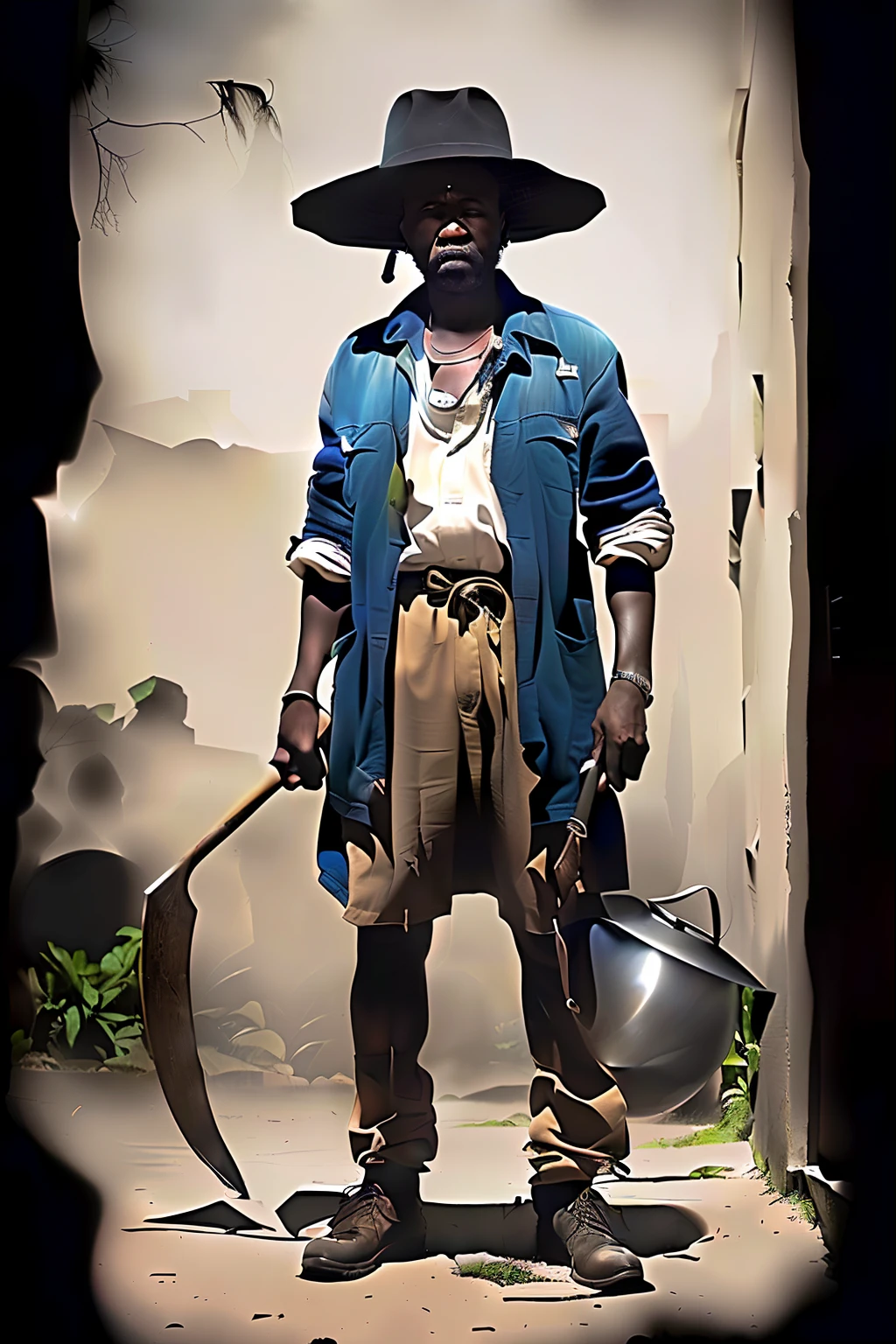 There is a man with a hat and a large axe standing in front of a building, homem com foice, Homem africano, agricultor, Directed by: Dietmar Damerau, Directed by: Matias Weischer, Directed by: Robert Jacobsen, Agricultor alto, Directed by: Étienne Delessert, segurando uma foice, Directed by: Róbert Berény, O Ferreiro, beautiful man