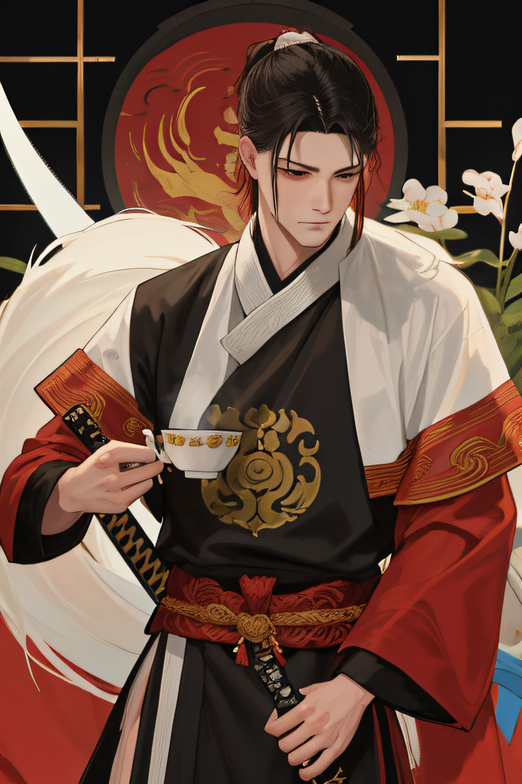 NSFW, obra-prima, melhor qualidade, ultra-detalhado, semi-realista, detailedfacialfeatures, 2man,usando roupas velha wuxia chinesa,cabelos negros compridos , olhos negros,roupa vermelha,ardiloso,arrogante ,ironico,holding a long sword with his right hand and with his left a cup of tea