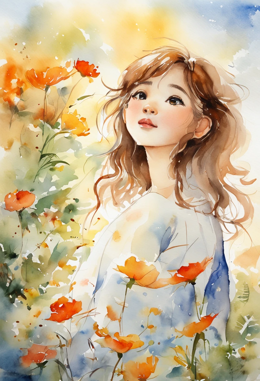 masterpiece、top-quality、Movie stills、morning、stroll。pup、1girl in、Cloud Girl、floating in sky、a closeup、发光、Happiness、Fresh morning sunshine、(Spark:0.7) 、stroll、landscapes
