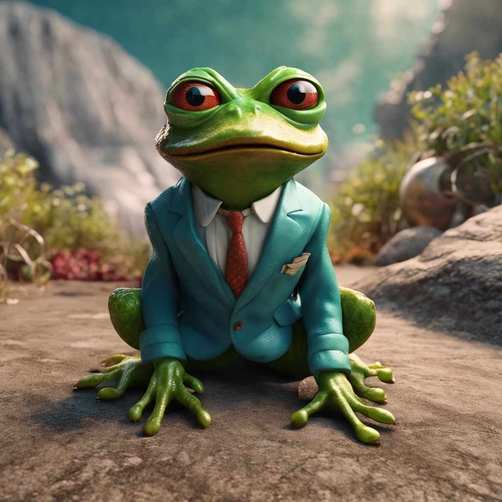 A high-quality illustration with a frog-looking politician, portraying a frog man with striking and realistic expression.