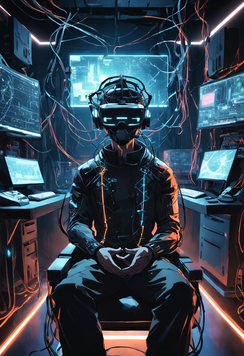 RAW, wide angle, a man in a dark laboratory seated in a futuristic chair wearing a VR helmet with a bunch of wires plugged on it, indoor, laboratory, hardware, dark environment, neon, ((cyberpunk))