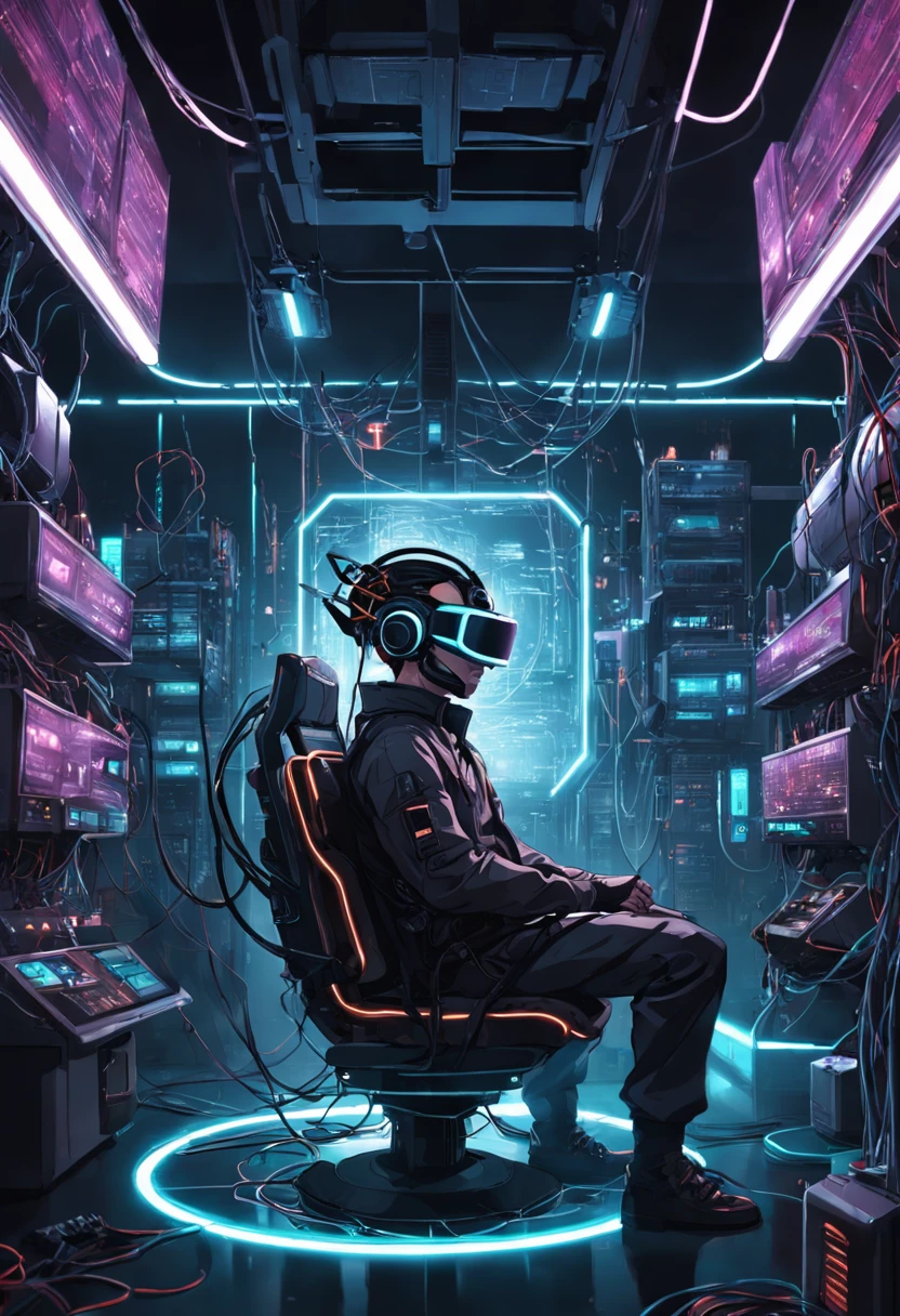 RAW, wide angle, a man in a dark laboratory seated in a futuristic chair wearing a VR helmet with a bunch of wires plugged on it, indoor, laboratory, hardware, dark environment, neon, ((cyberpunk))