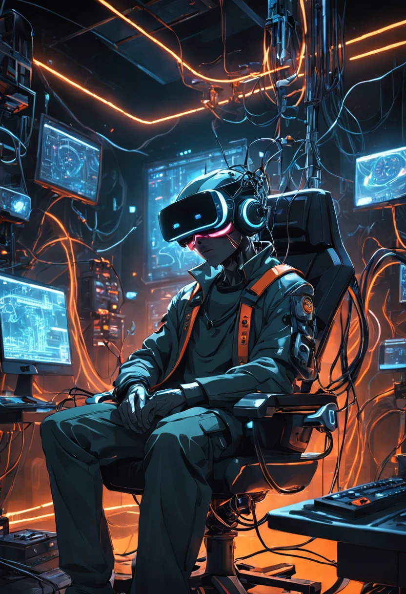 RAW, wide angle, a man in a dark laboratory seated in a futuristic chair wearing a VR helmet with a bunch of wires plugged on it, indoor, laboratory, hardware, dark environment, neon, ((cyberpunk))